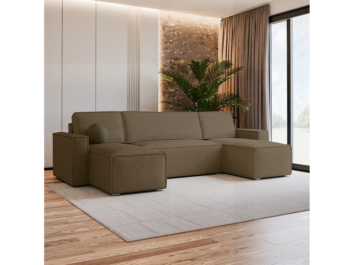 Canapé d'angle PESANO Beige en velours avec fonction de couchage