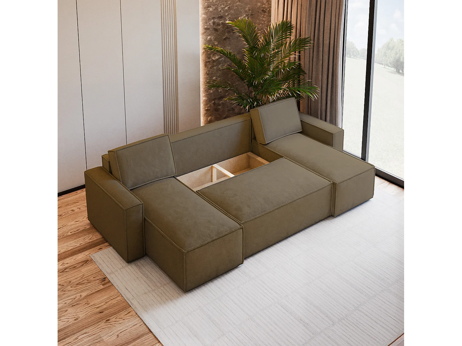 Canapé d'angle PESANO Beige en velours avec fonction de couchage