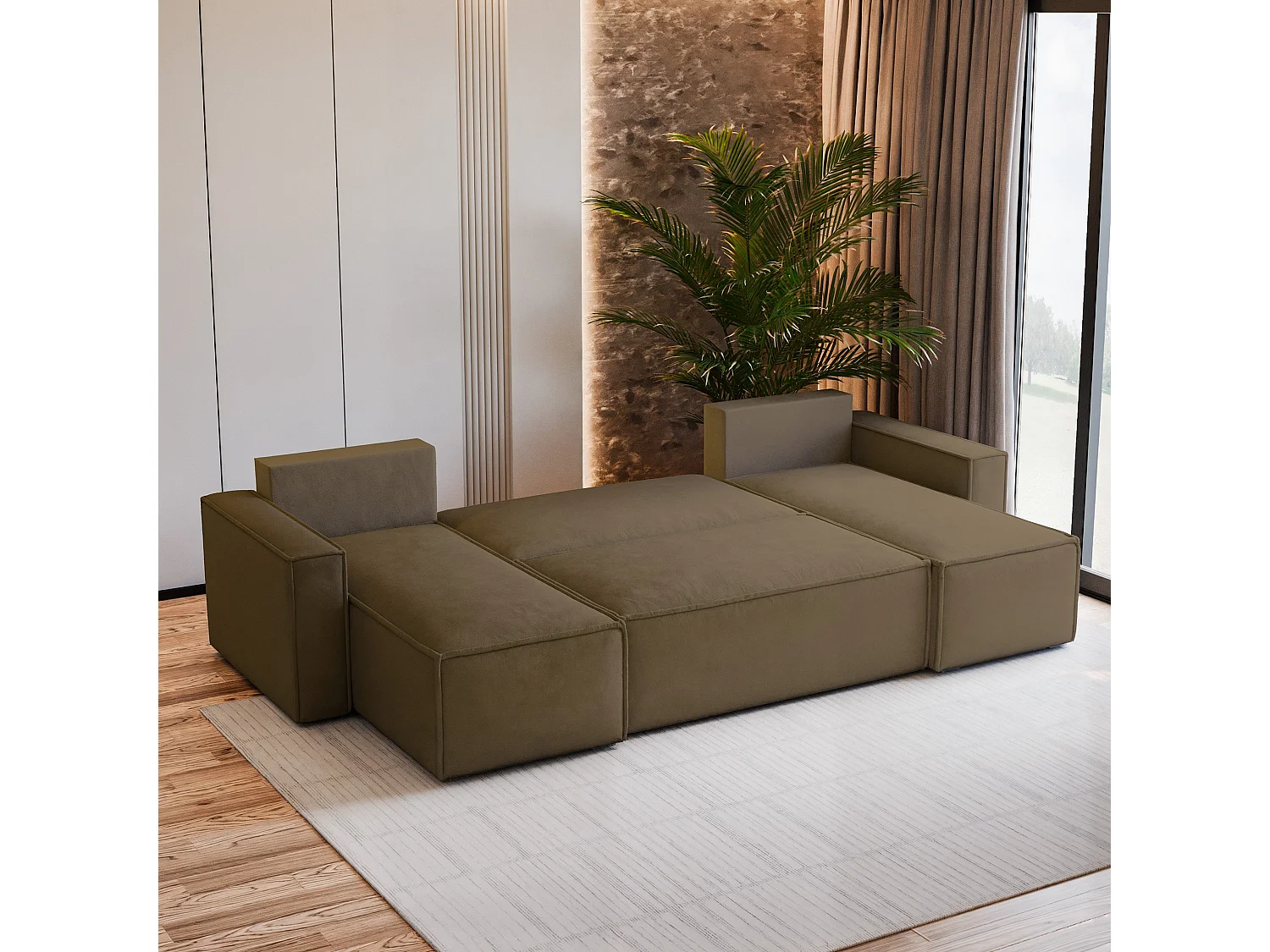 Canapé d'angle PESANO Beige en velours avec fonction de couchage