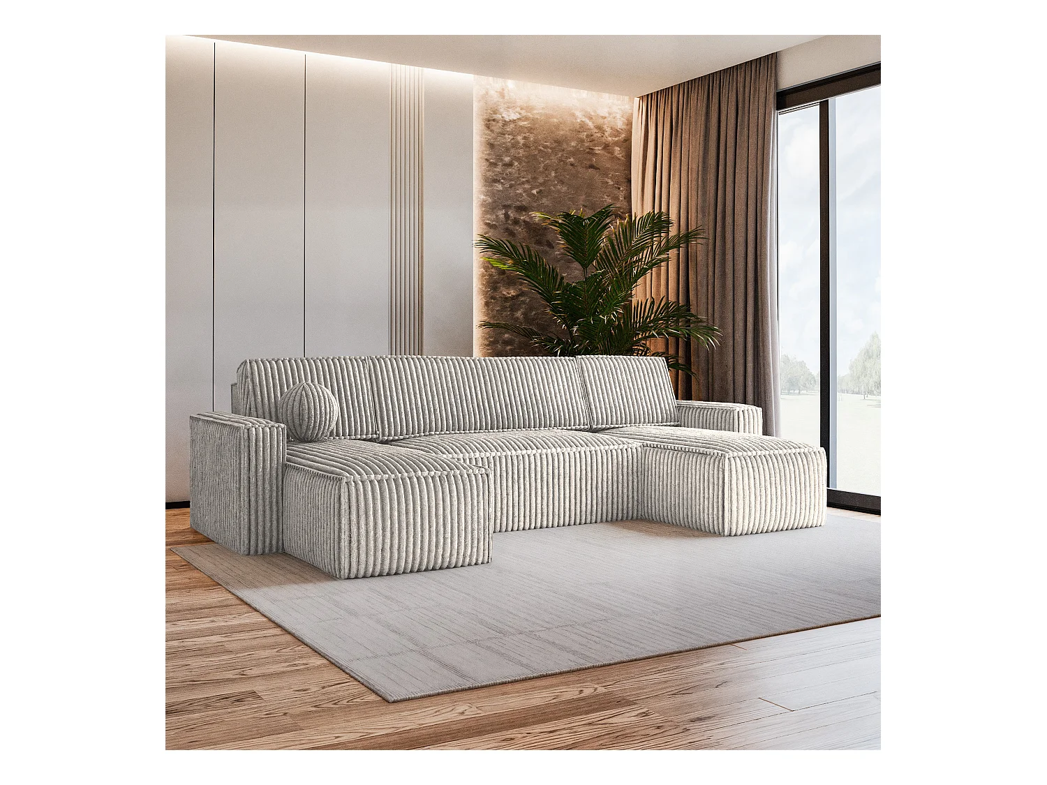 Canapé d'angle PESANO Gris clair en velours côtelé avec fonction de couchage