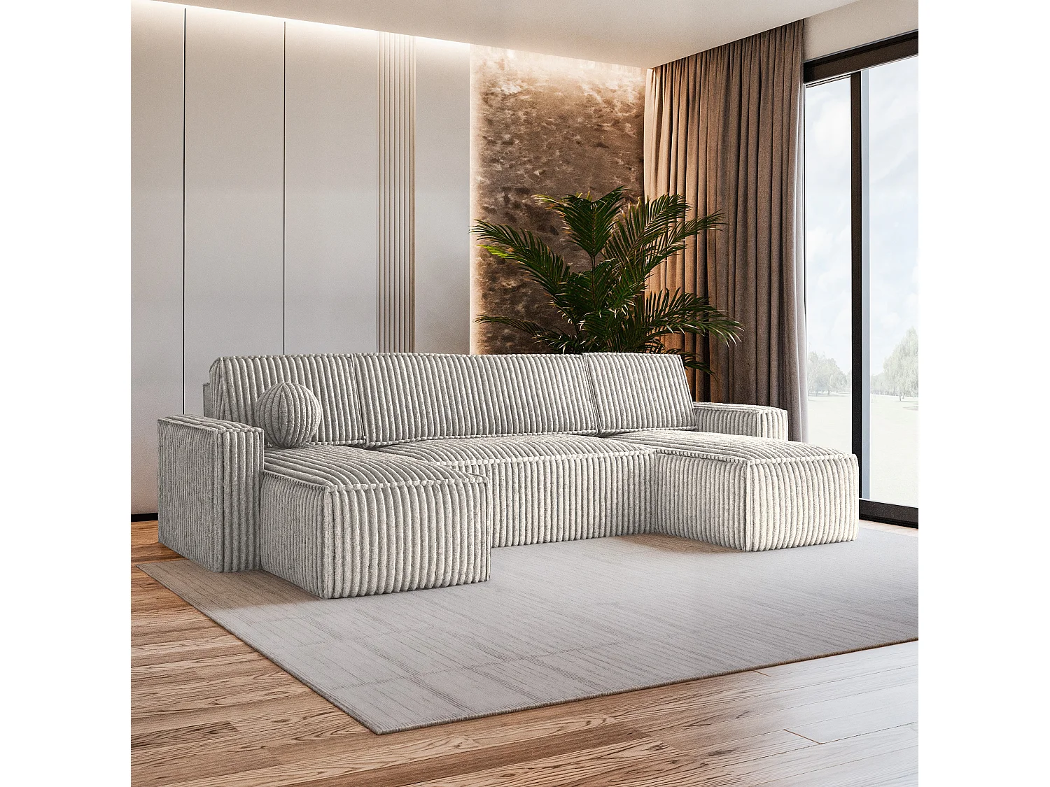 Canapé d'angle PESANO Gris clair en velours côtelé avec fonction de couchage