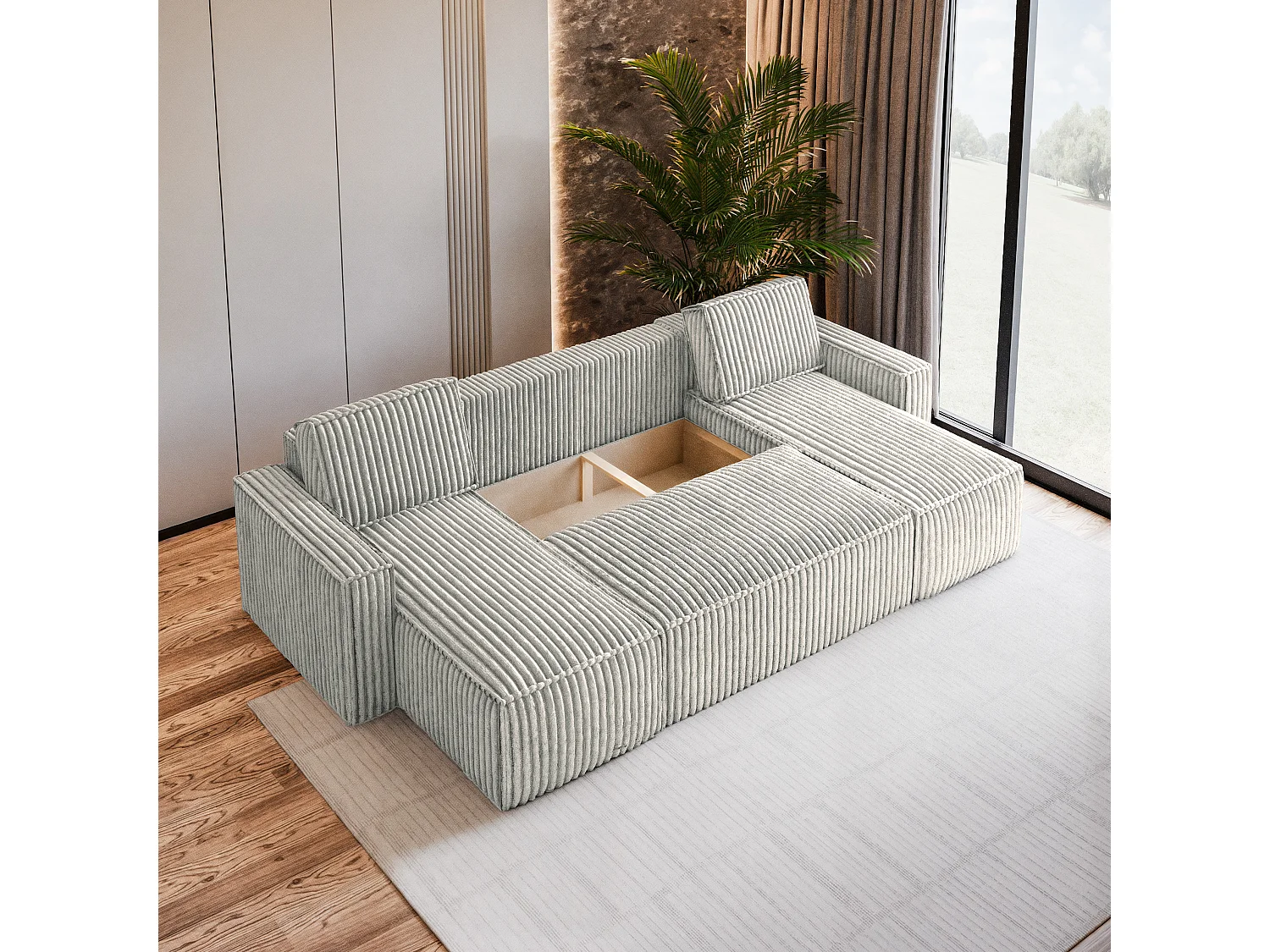 Canapé d'angle PESANO Gris clair en velours côtelé avec fonction de couchage