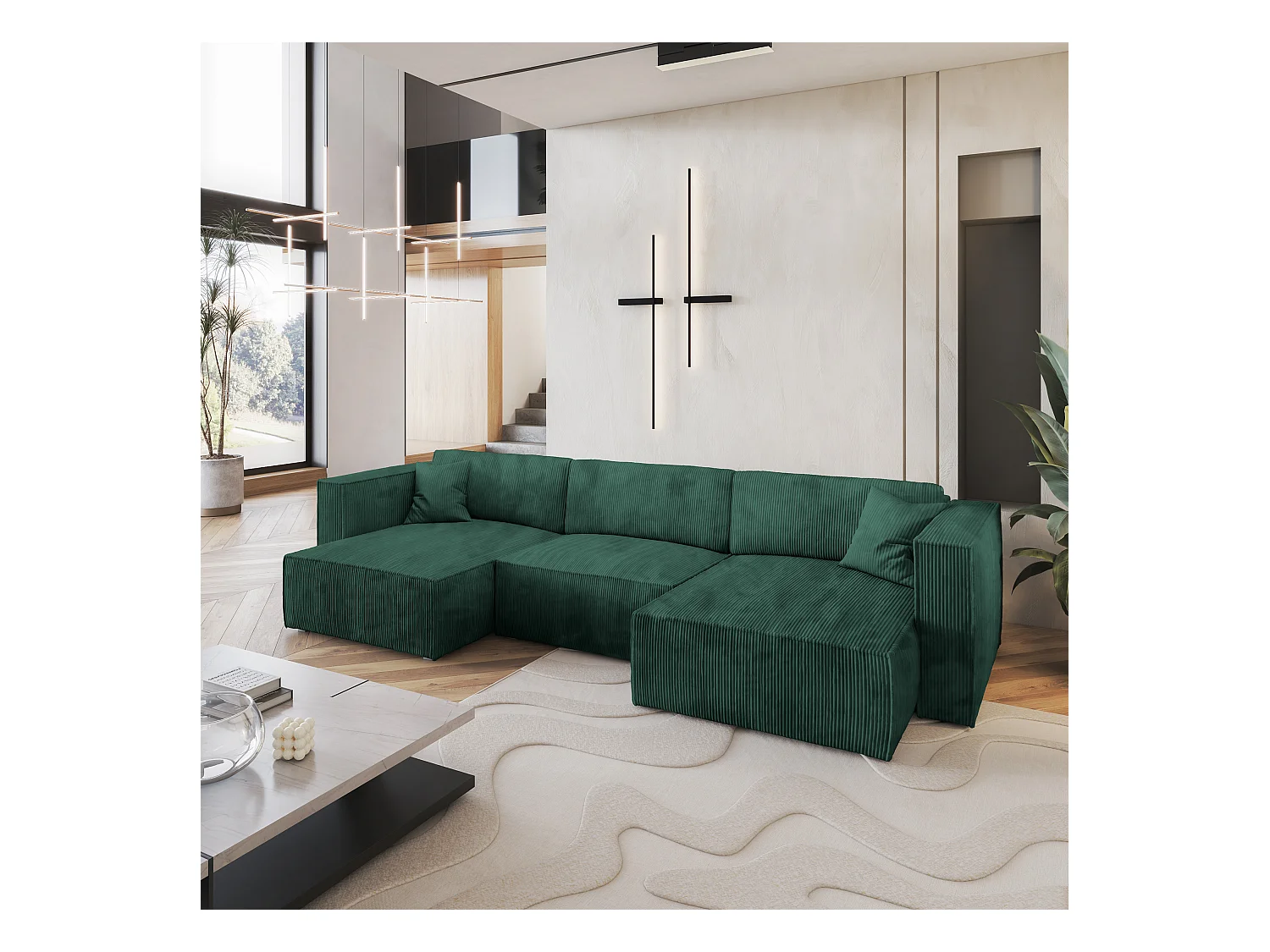 Canapé d'angle SARMO Vert Sapin en velours côtelé avec fonction de couchage