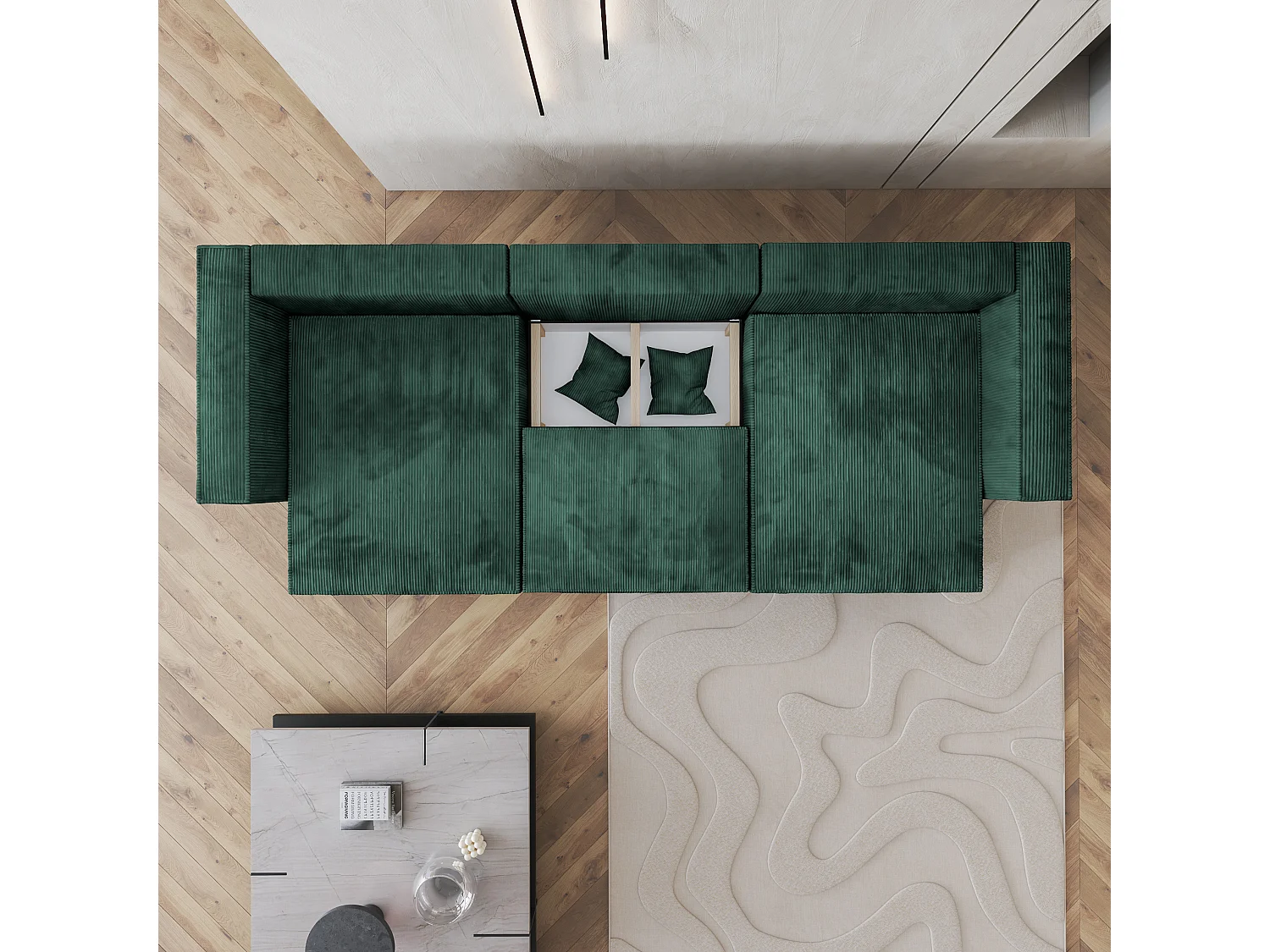 Canapé d'angle SARMO Vert Sapin en velours côtelé avec fonction de couchage