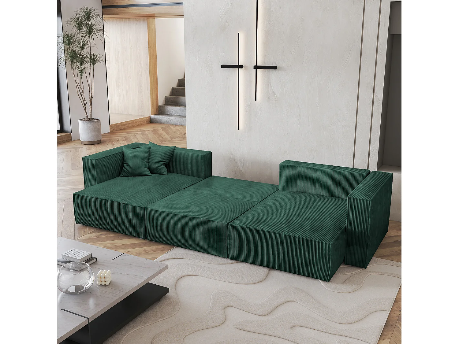 Canapé d'angle SARMO Vert Sapin en velours côtelé avec fonction de couchage