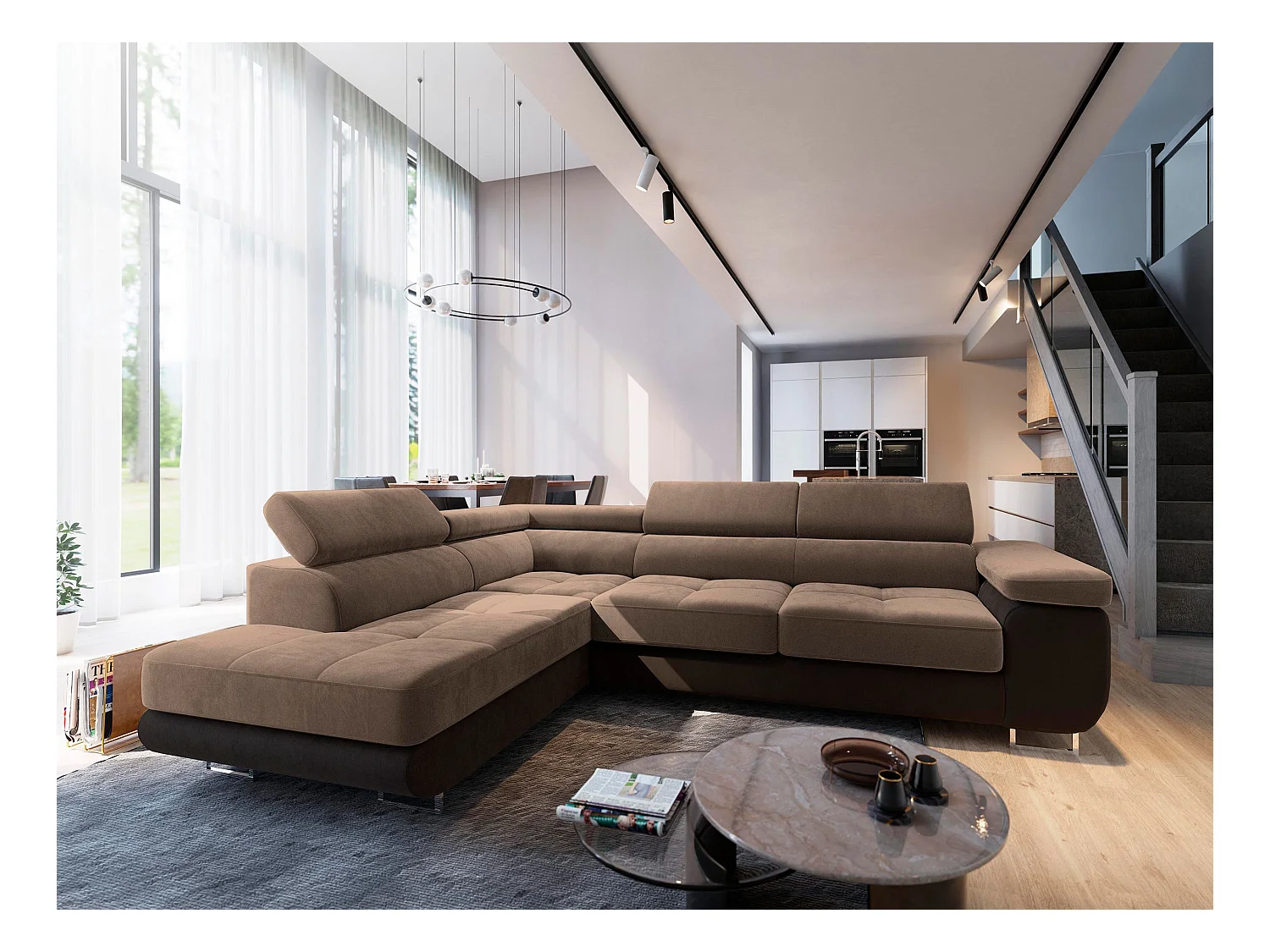 Canapé d'angle SELVA Beige en velours avec fonction de couchage