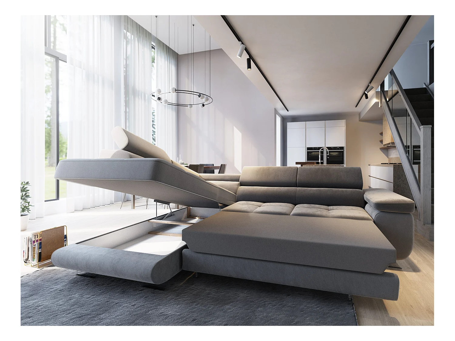 Canapé d'angle SELVA Beige en velours avec fonction de couchage