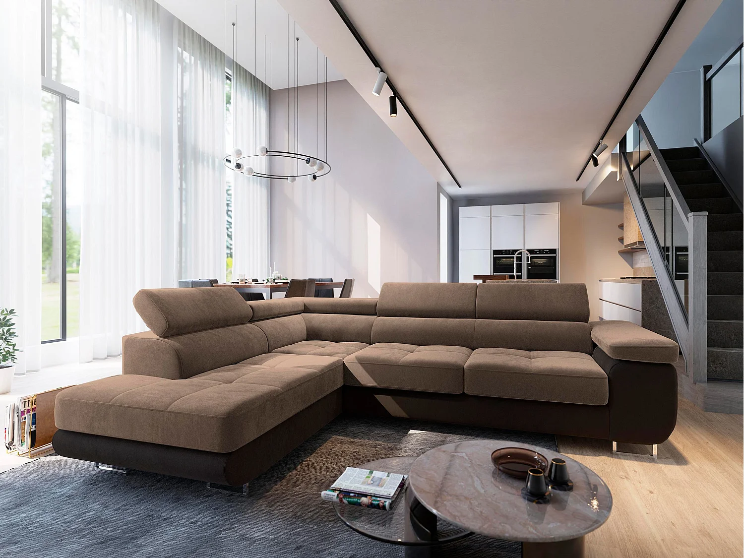 Canapé d'angle SELVA Beige en velours avec fonction de couchage