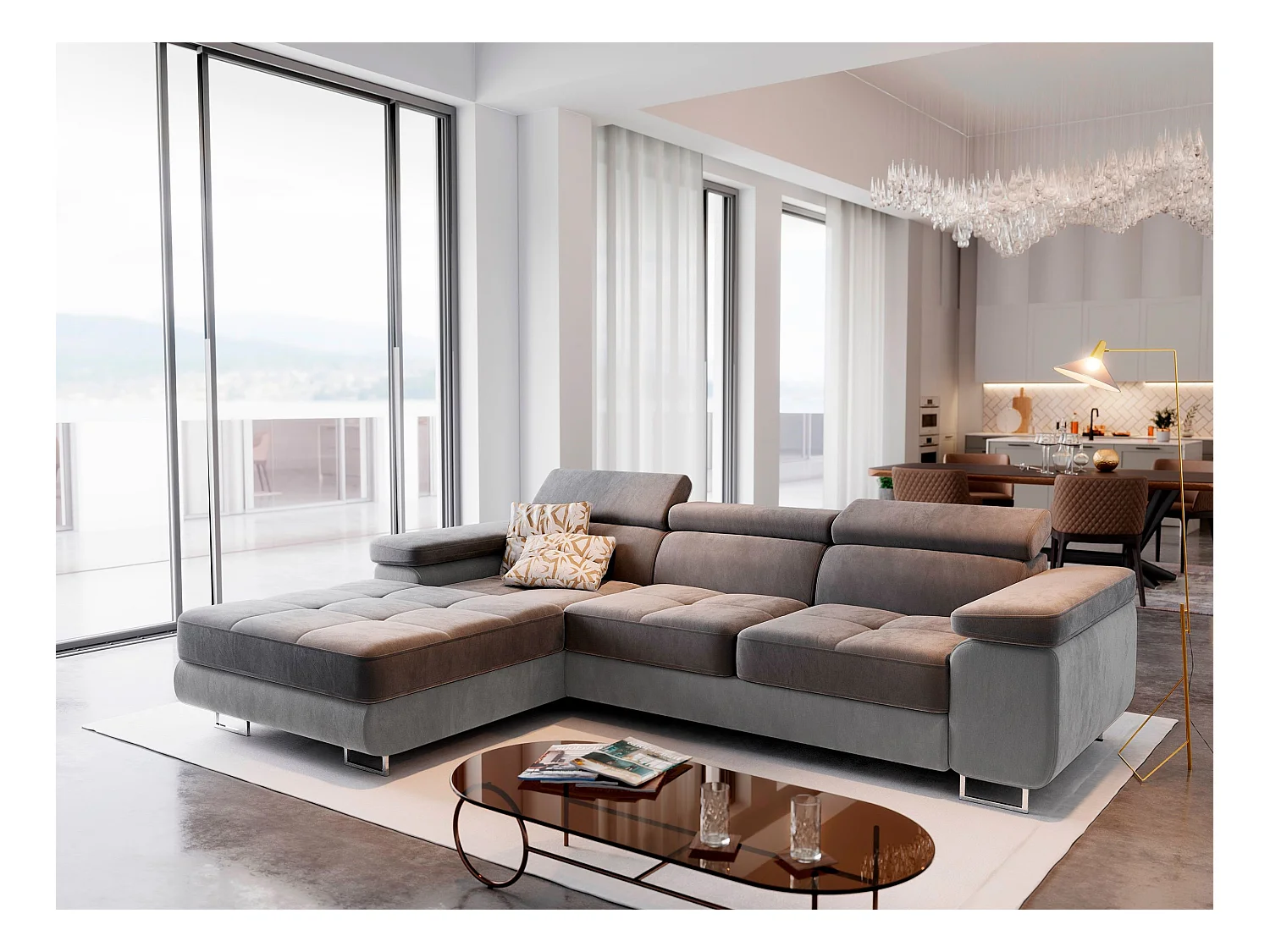 Canapé d'angle ELMA Gris en velours avec fonction de couchage