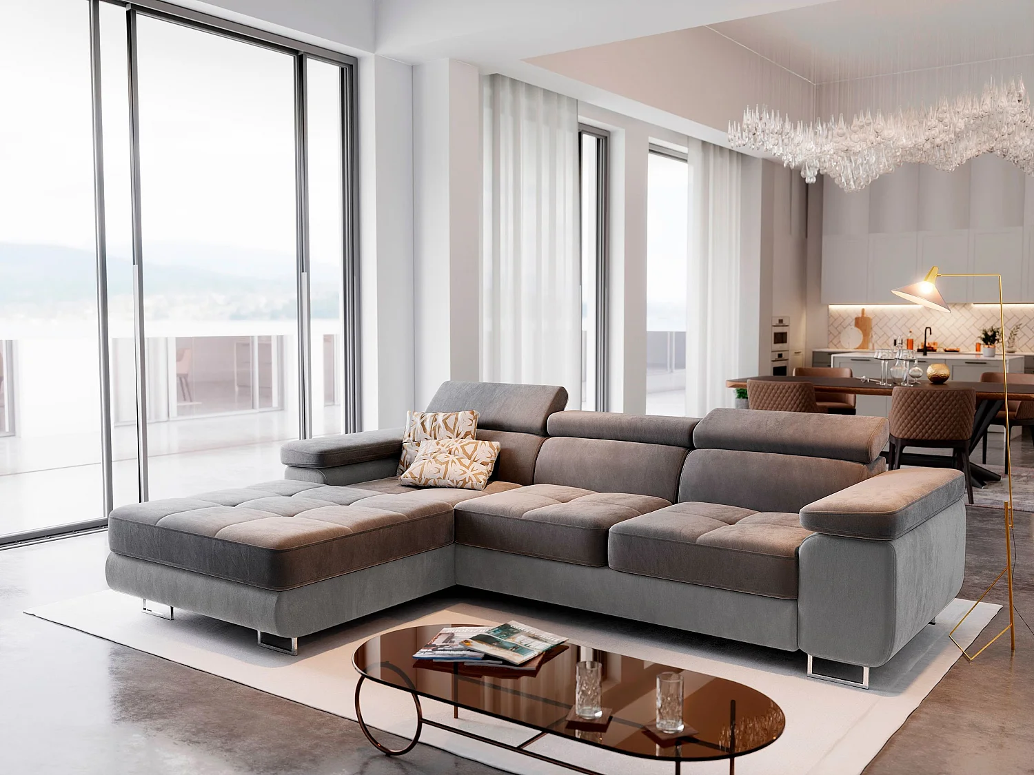 Canapé d'angle ELMA Gris en velours avec fonction de couchage