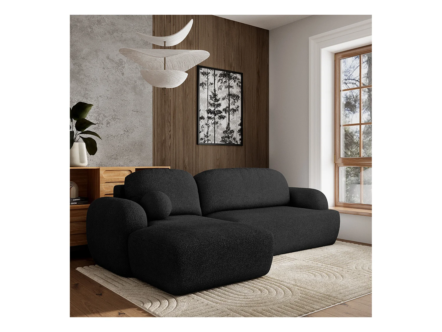 Canapé d'angle MODENZA Noir en bouclé avec fonction de couchage