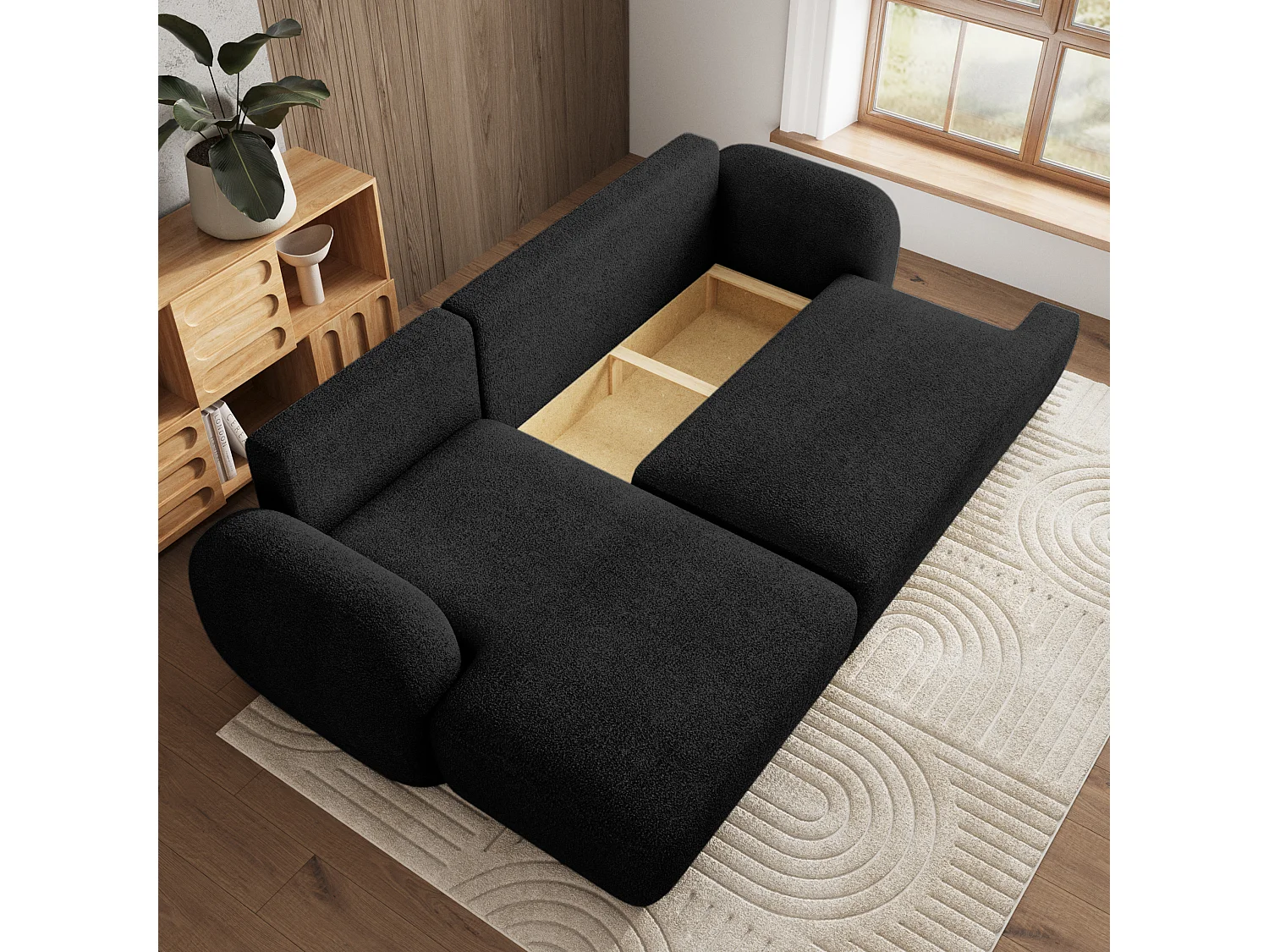 Canapé d'angle MODENZA Noir en bouclé avec fonction de couchage