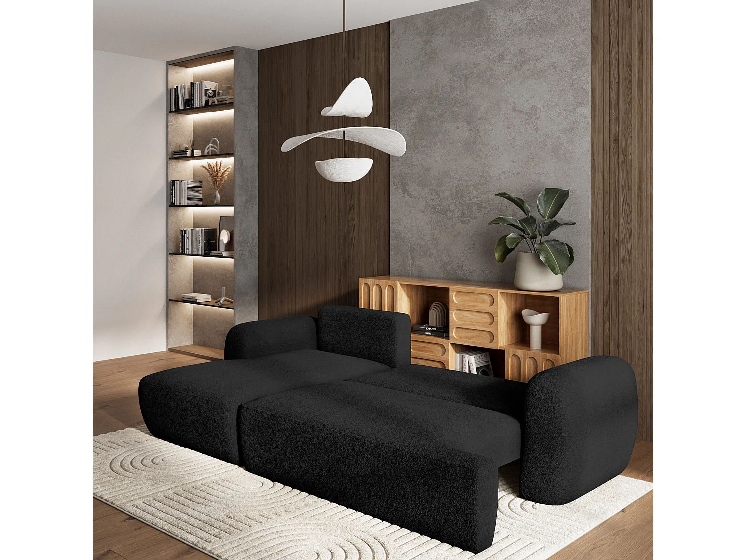 Canapé d'angle MODENZA Noir en bouclé avec fonction de couchage