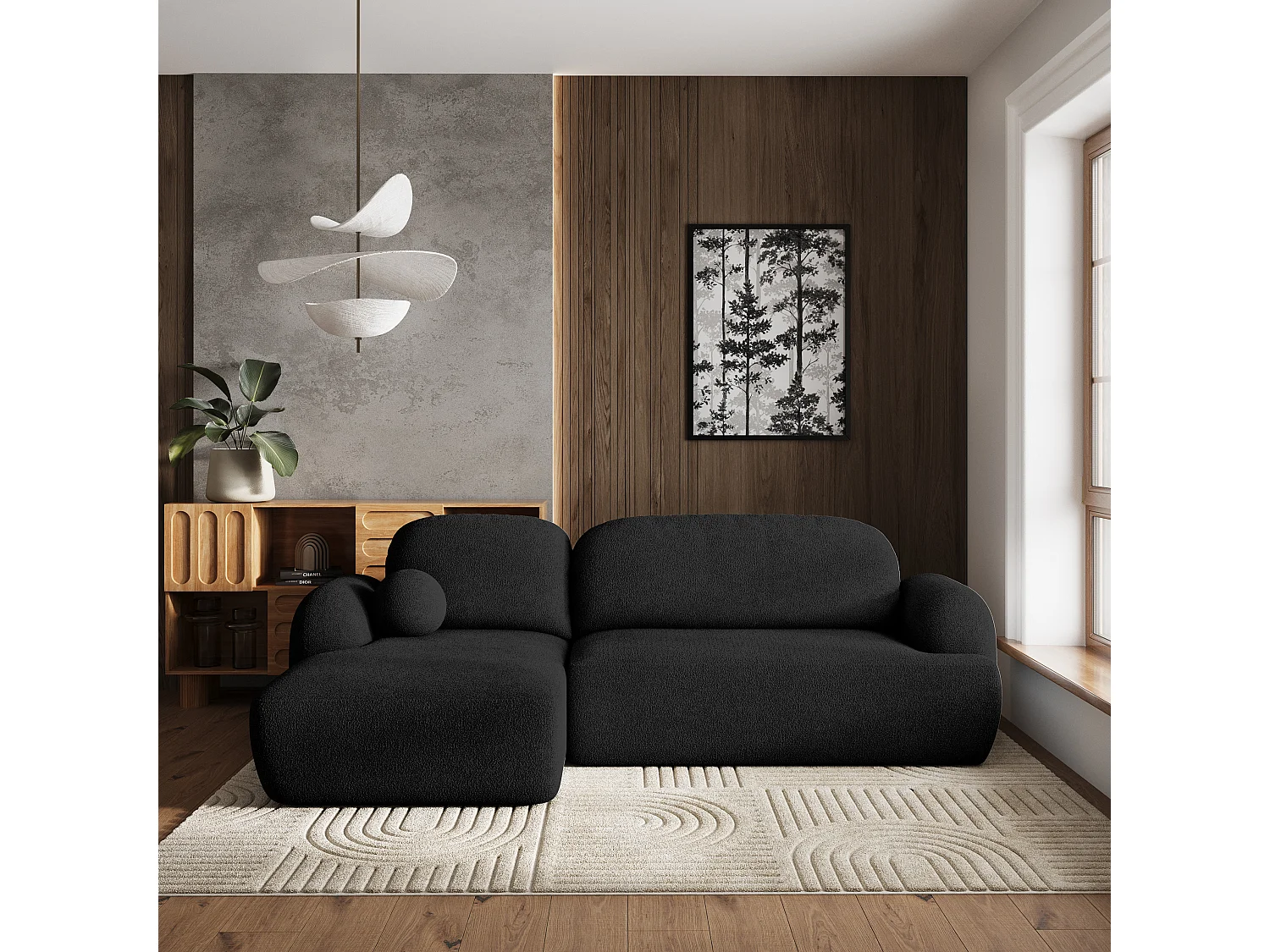 Canapé d'angle MODENZA Noir en bouclé avec fonction de couchage