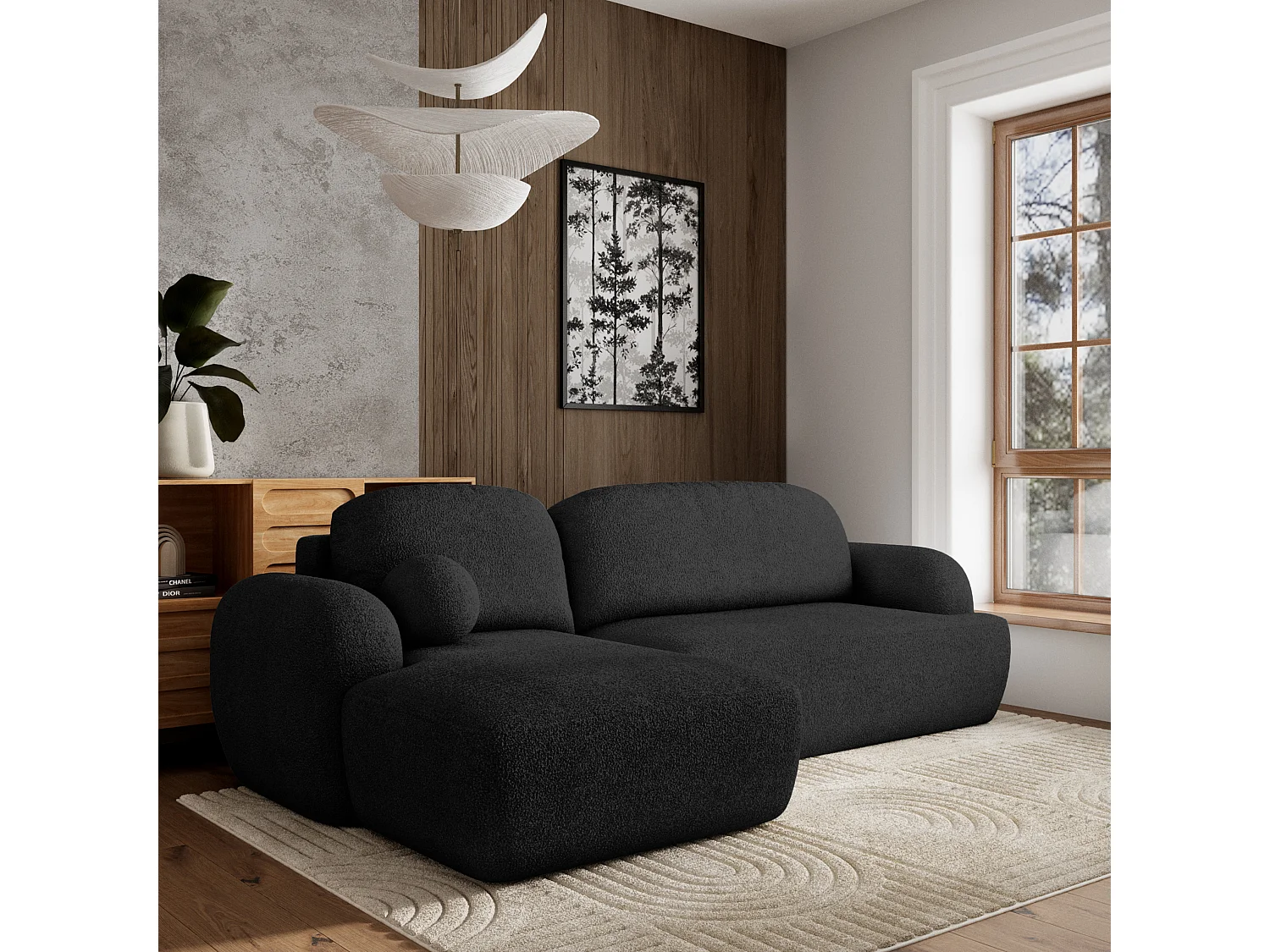 Canapé d'angle MODENZA Noir en bouclé avec fonction de couchage