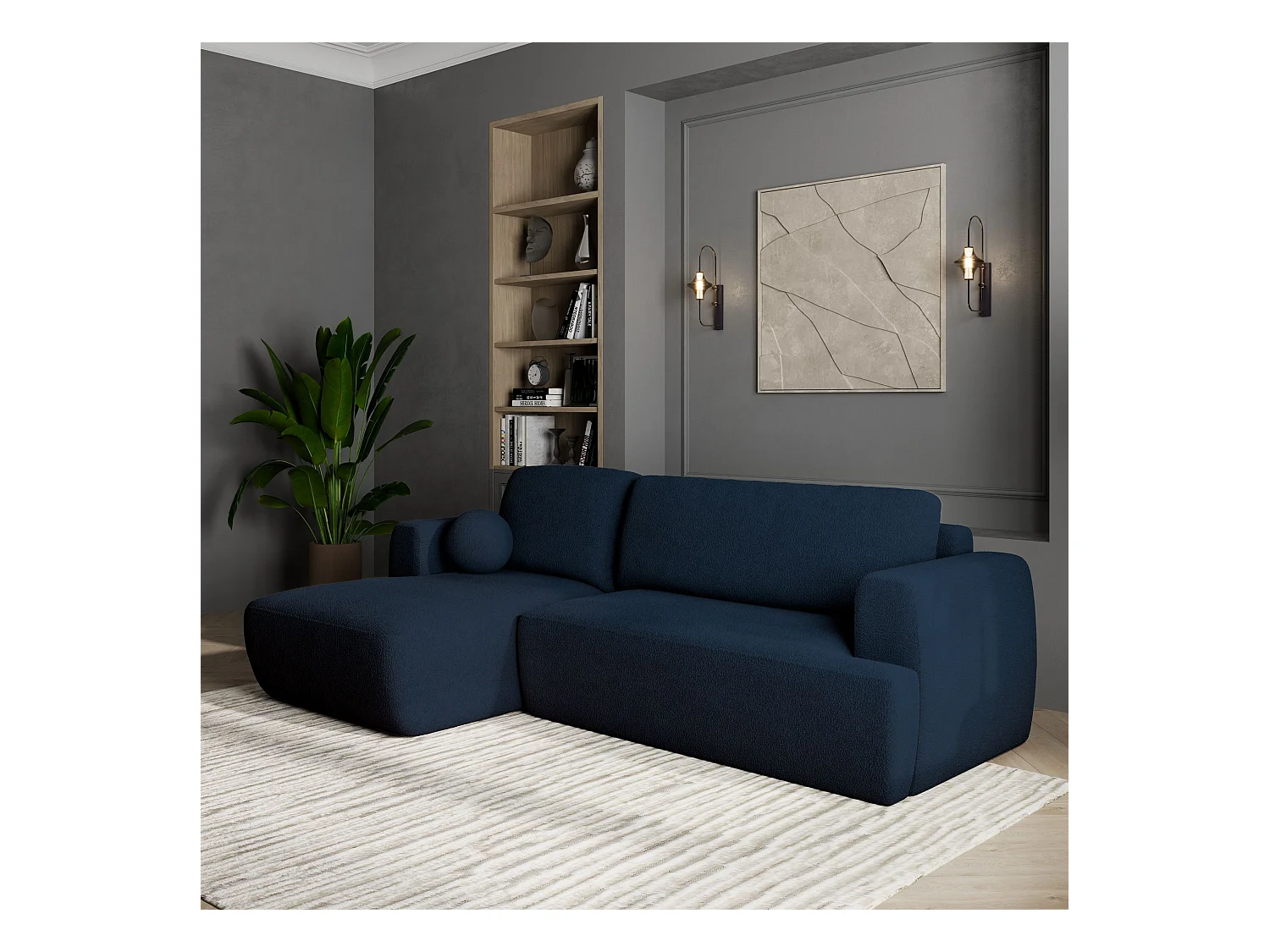 Canapé d'angle SENTI Bleu en bouclé avec fonction de couchage