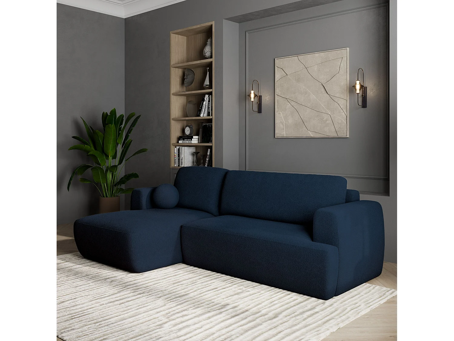 Canapé d'angle SENTI Bleu en bouclé avec fonction de couchage