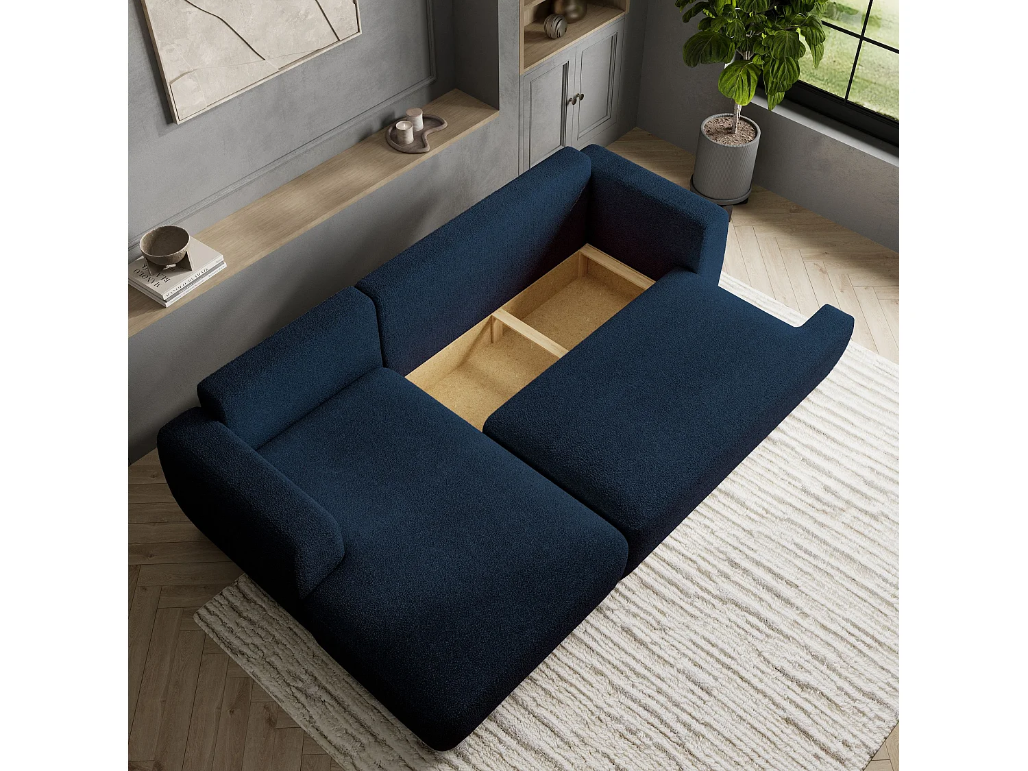 Canapé d'angle SENTI Bleu en bouclé avec fonction de couchage