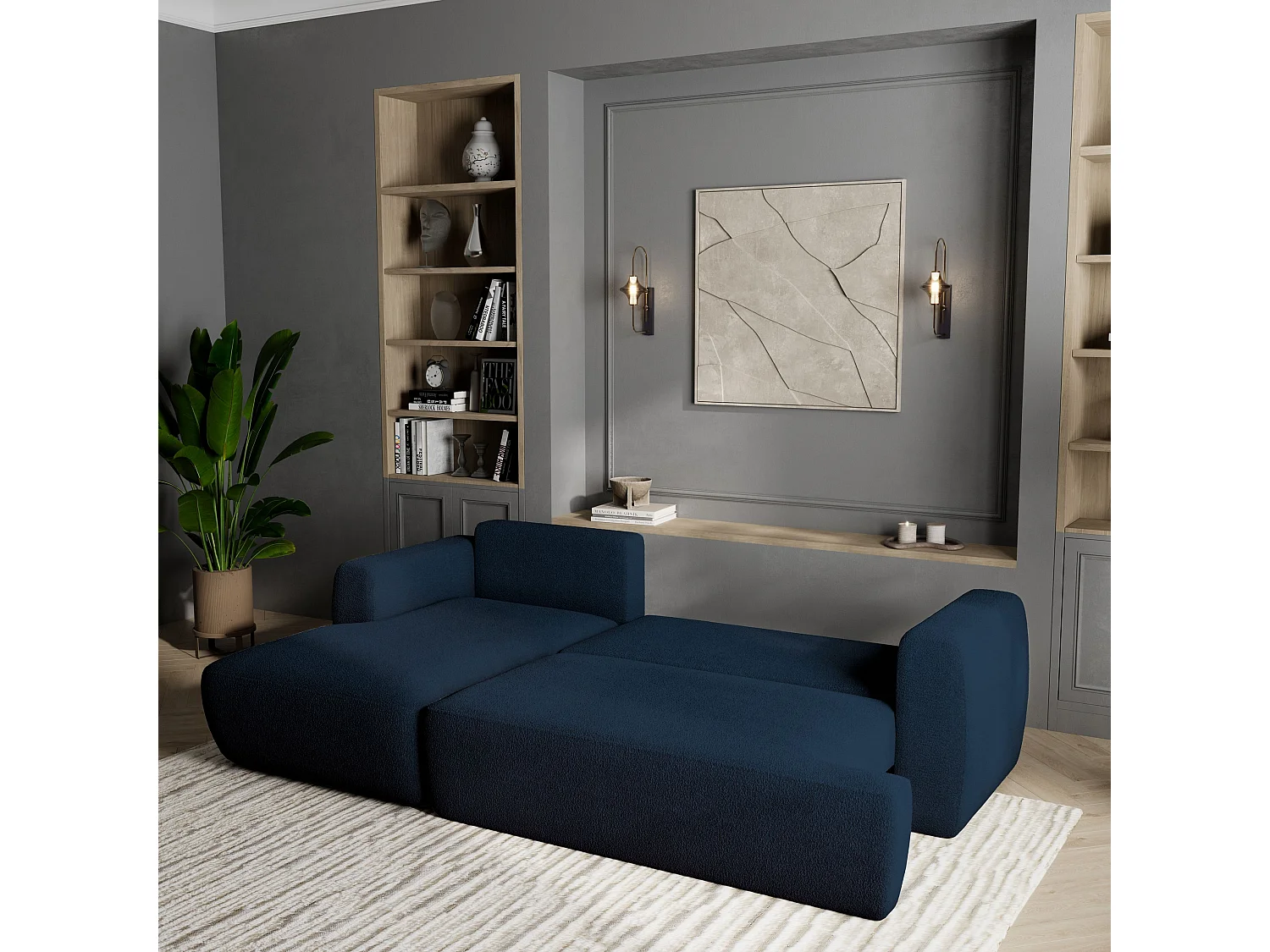 Canapé d'angle SENTI Bleu en bouclé avec fonction de couchage