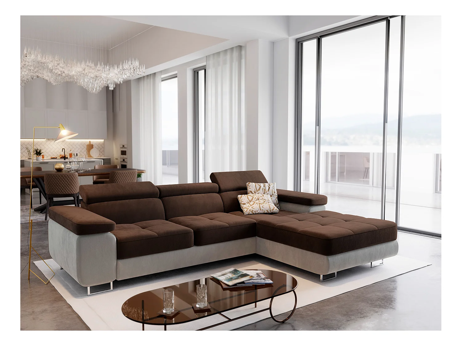 Canapé d'angle ELMA Marron en velours avec fonction de couchage