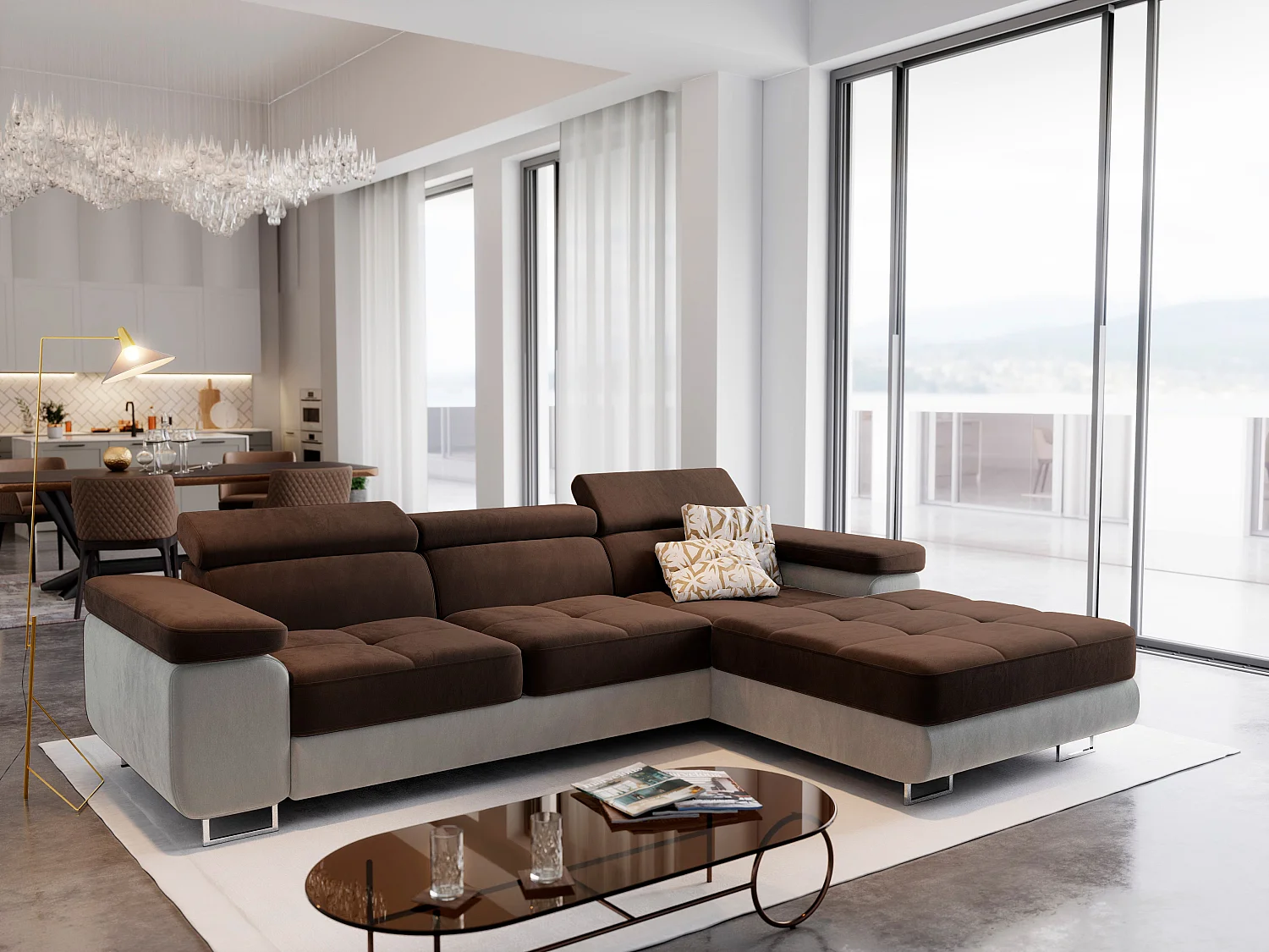 Canapé d'angle ELMA Marron en velours avec fonction de couchage