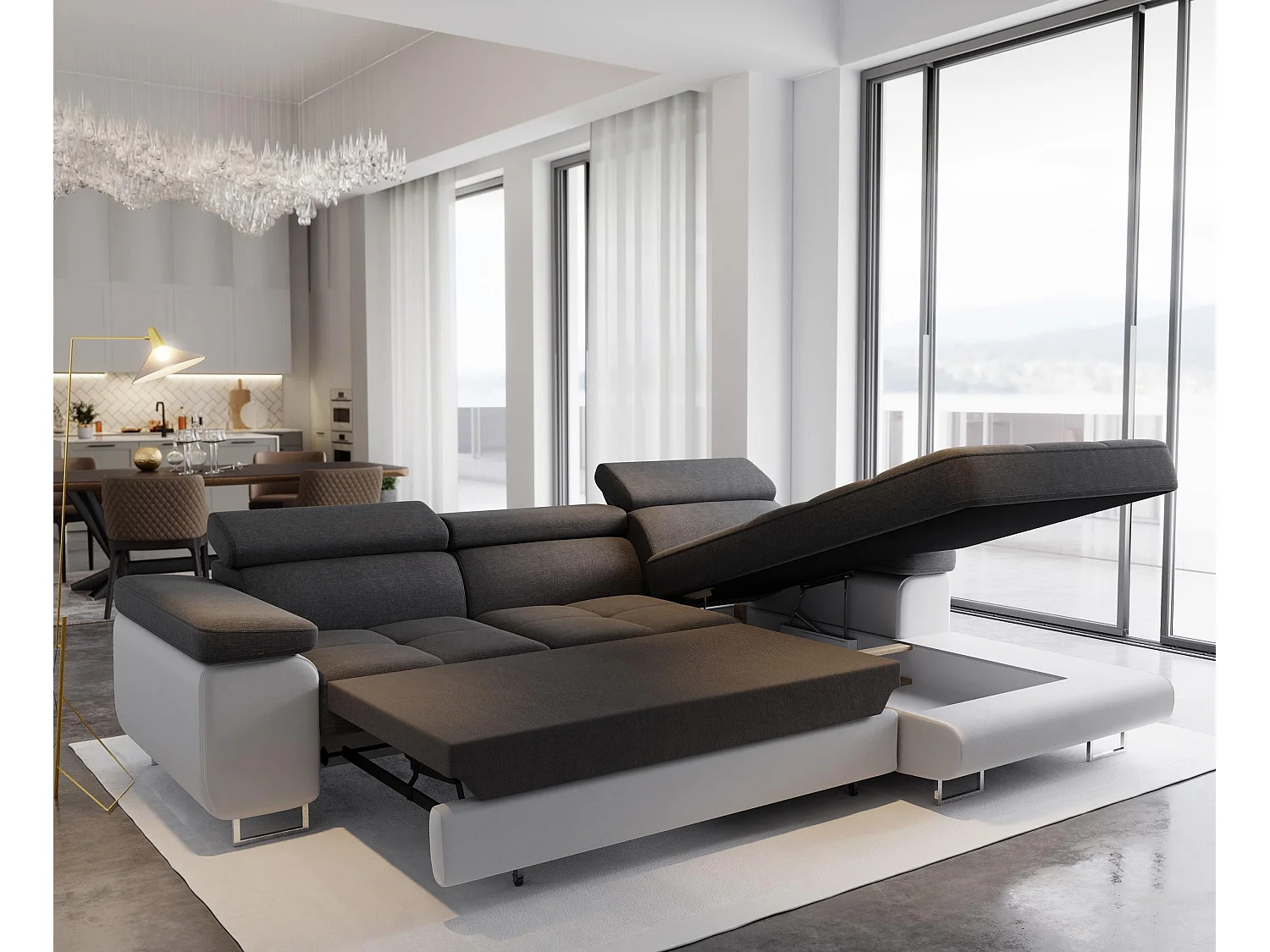 Canapé d'angle ELMA Marron en velours avec fonction de couchage