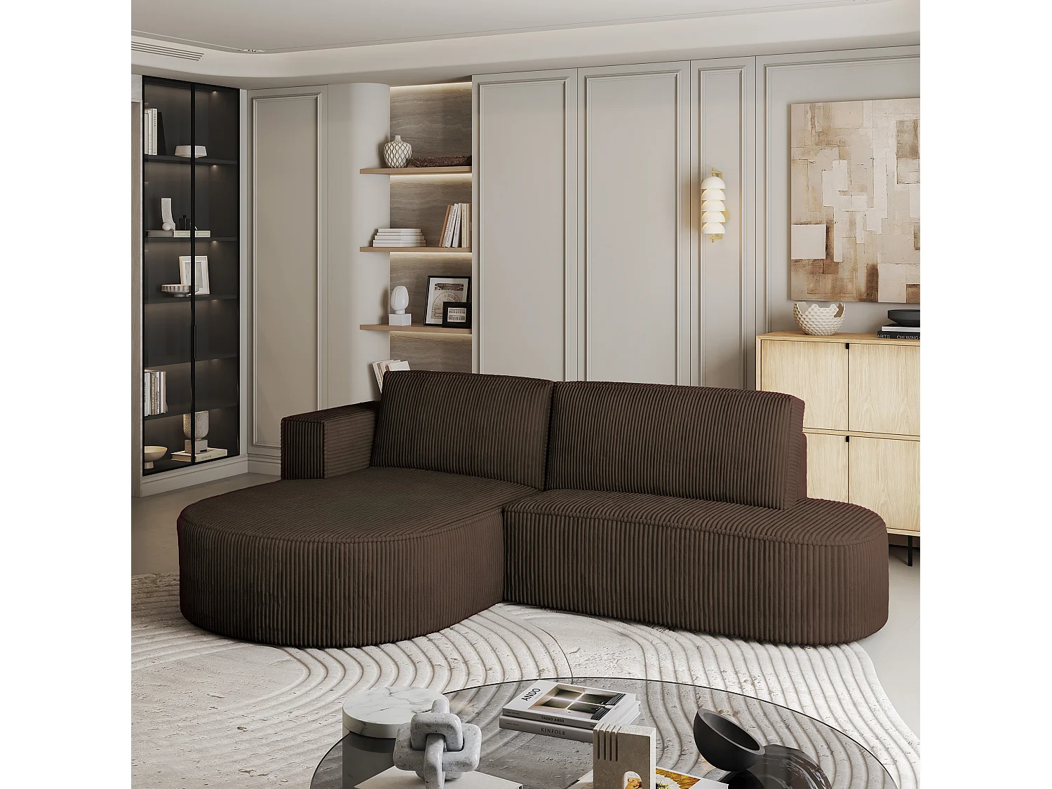 Canapé d'angle CORTIO Marron en velours côtelé avec fonction de couchage