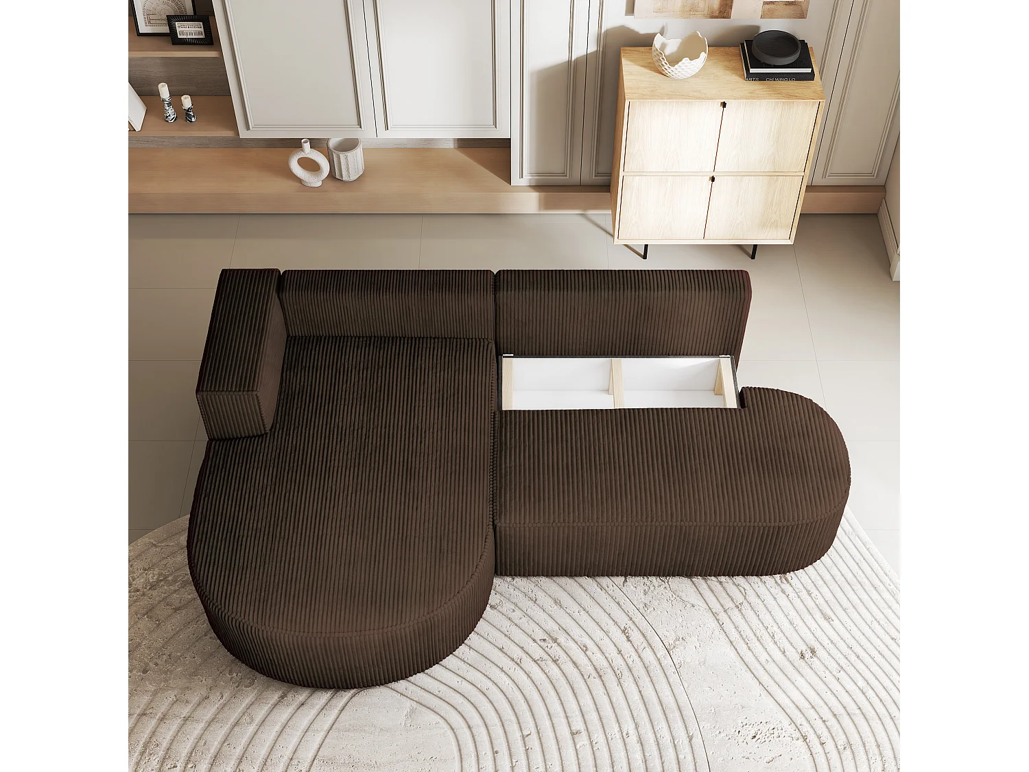 Canapé d'angle CORTIO Marron en velours côtelé avec fonction de couchage