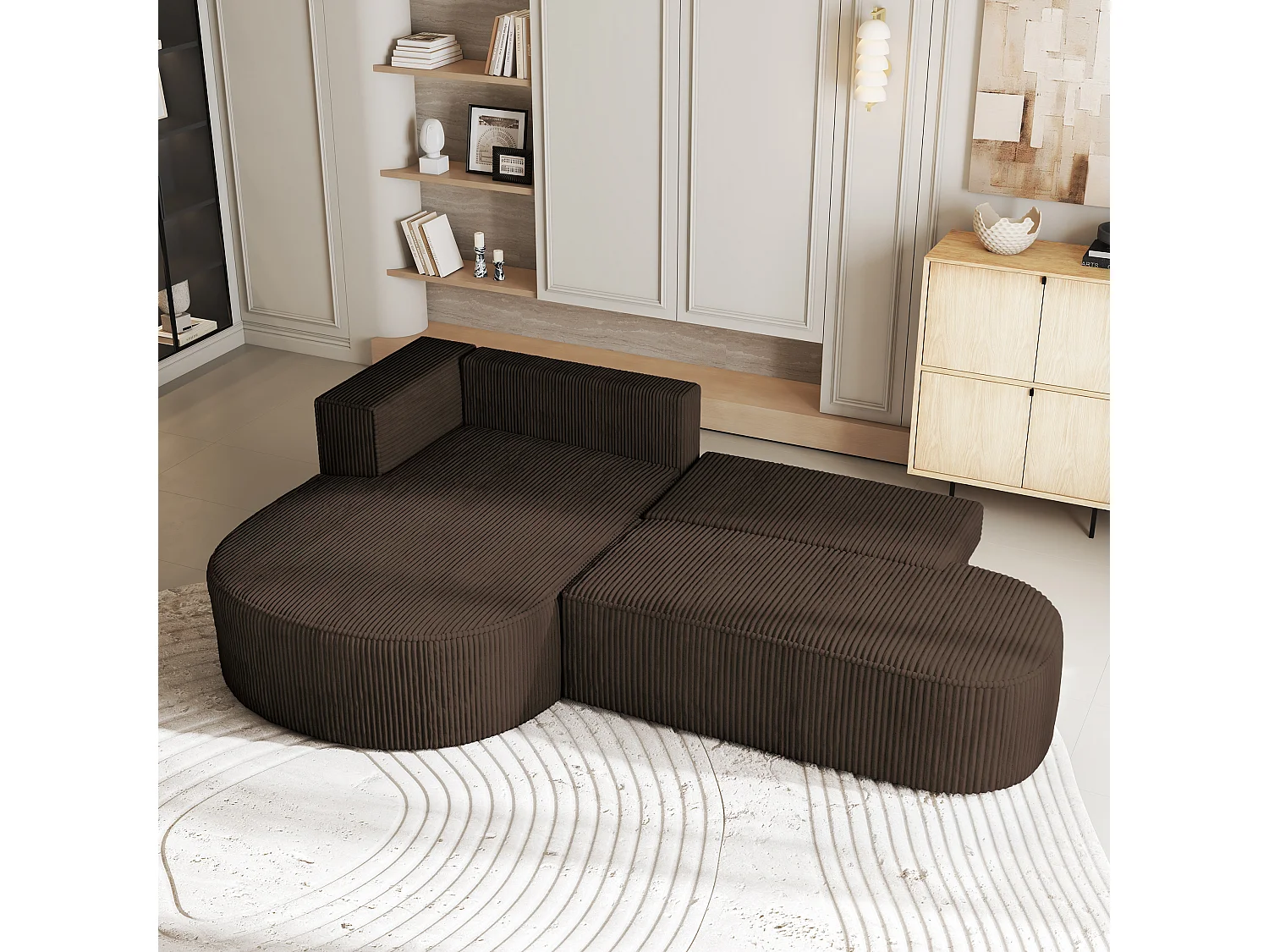 Canapé d'angle CORTIO Marron en velours côtelé avec fonction de couchage