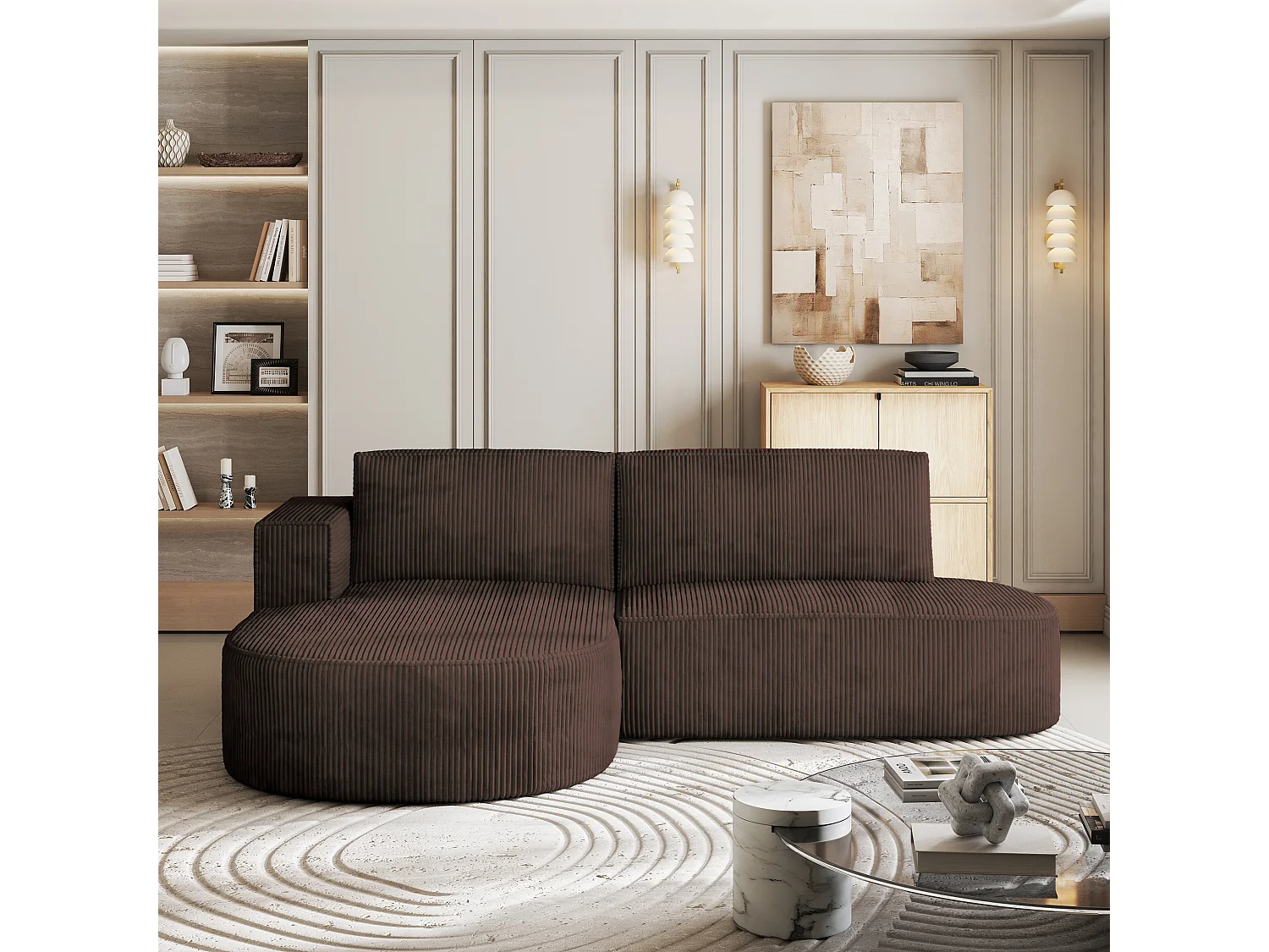 Canapé d'angle CORTIO Marron en velours côtelé avec fonction de couchage