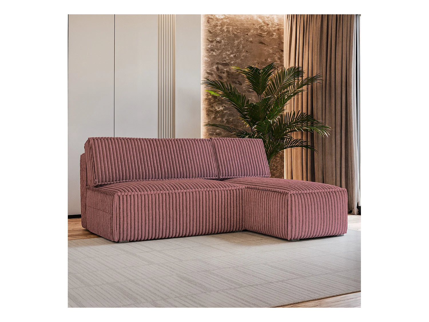 Canapé d'angle BRISO Rose poudré en velours côtelé avec fonction de couchage