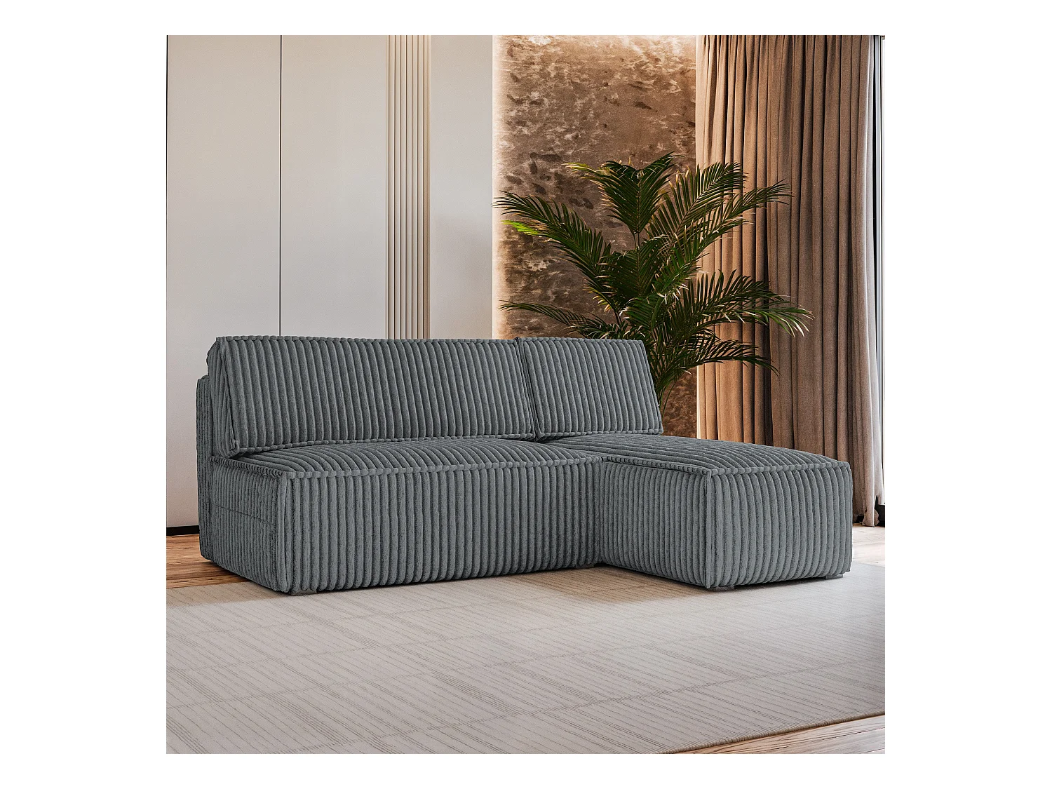 Canapé d'angle BRISO Gris en velours côtelé avec fonction de couchage