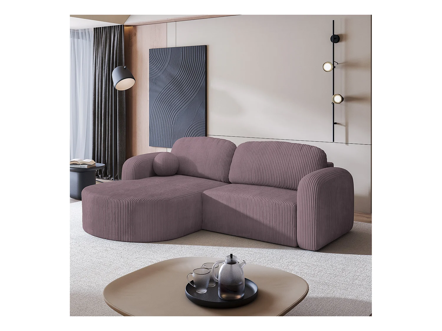 Canapé d'angle AMILIA Parme en velours côtelé avec fonction de couchage