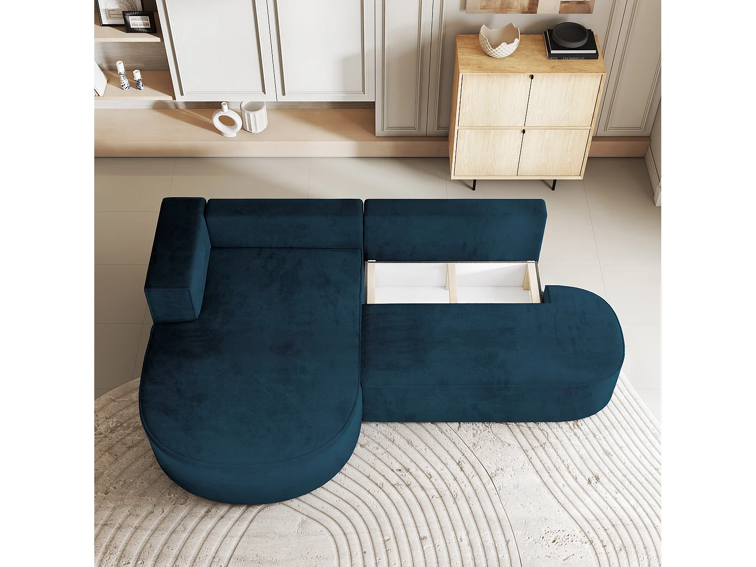 Canapé d'angle CORTIO Bleu en velours avec fonction de couchage