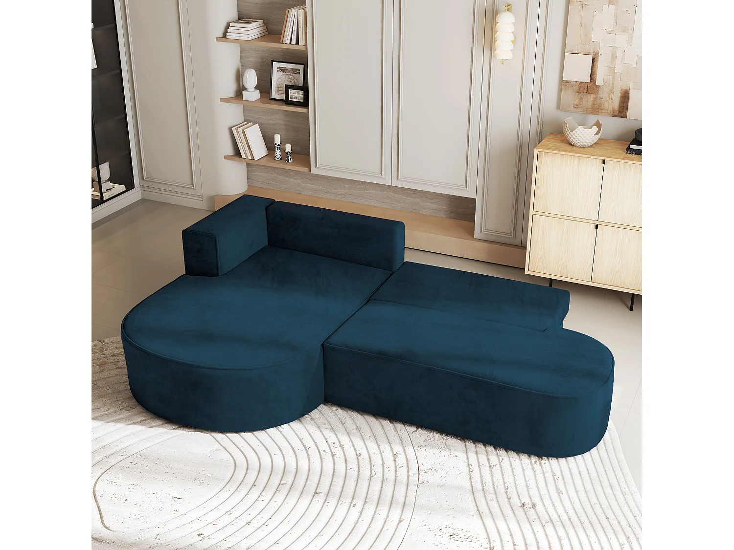 Canapé d'angle CORTIO Bleu en velours avec fonction de couchage