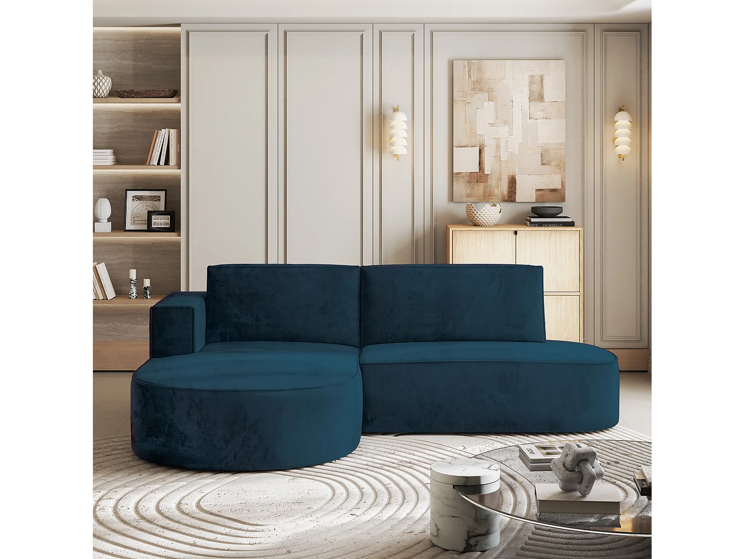 Canapé d'angle CORTIO Bleu en velours avec fonction de couchage