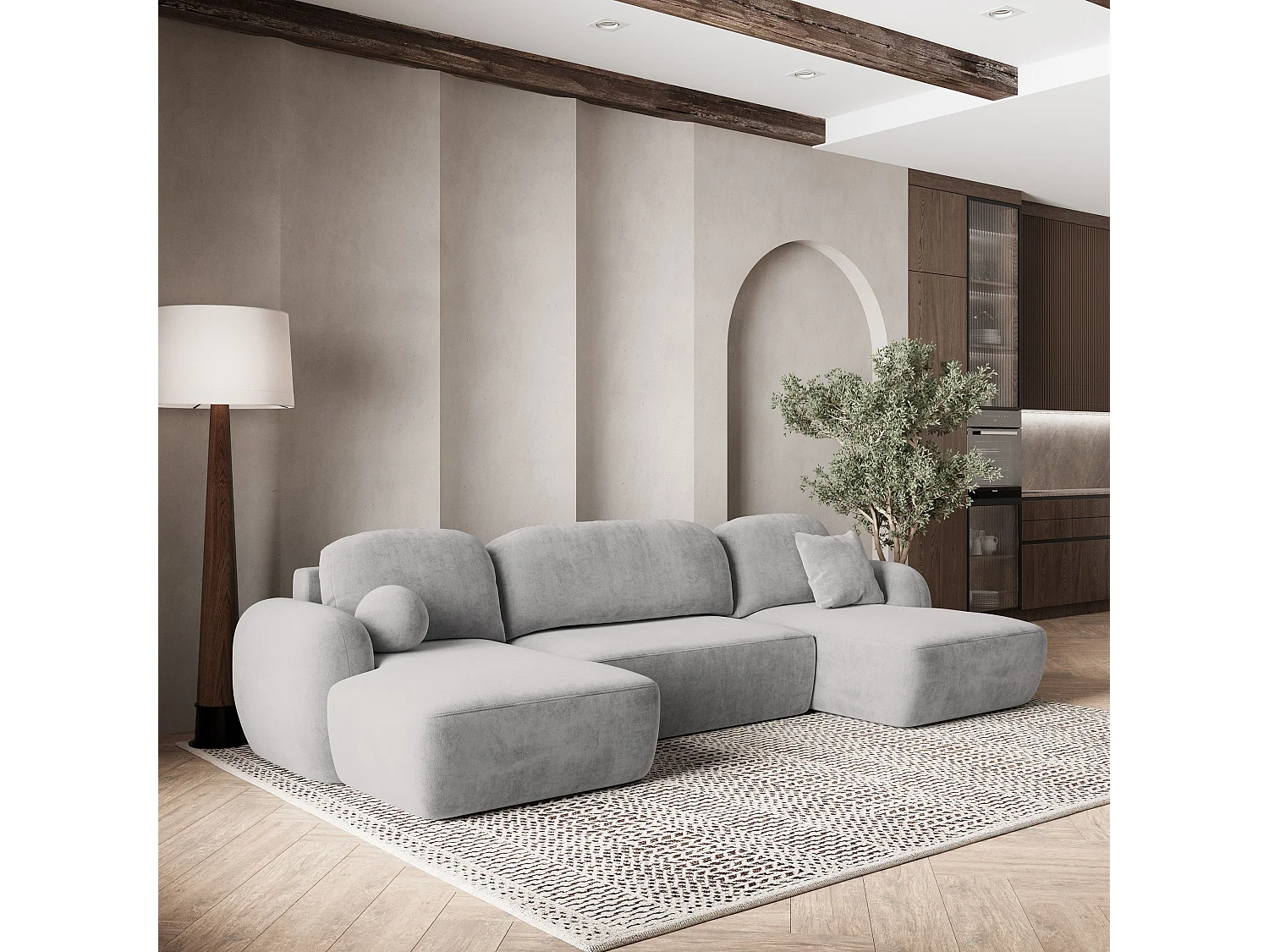 Canapé d'angle SAVONA Gris clair en peluche avec fonction de couchage