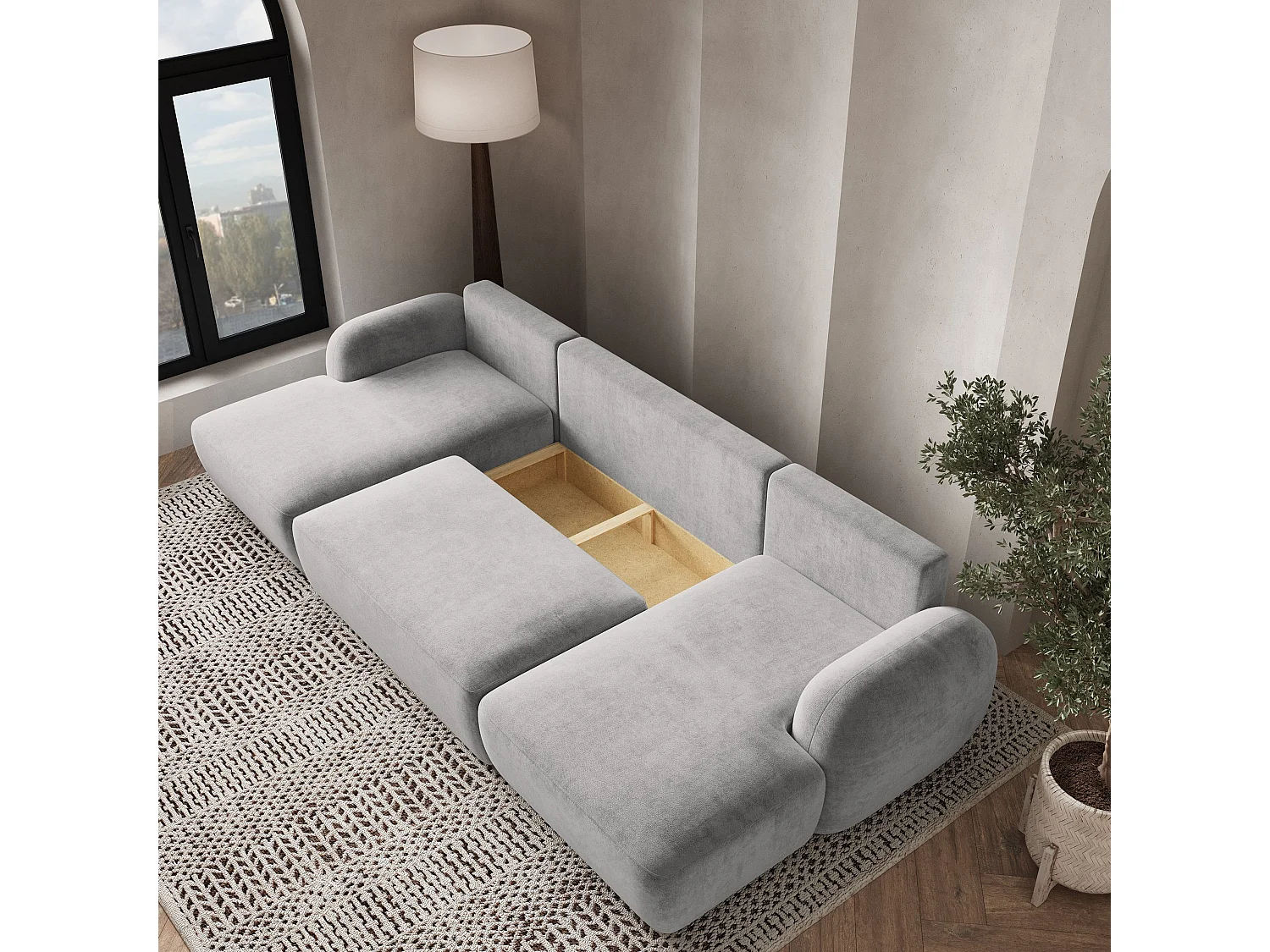 Canapé d'angle SAVONA Gris clair en peluche avec fonction de couchage