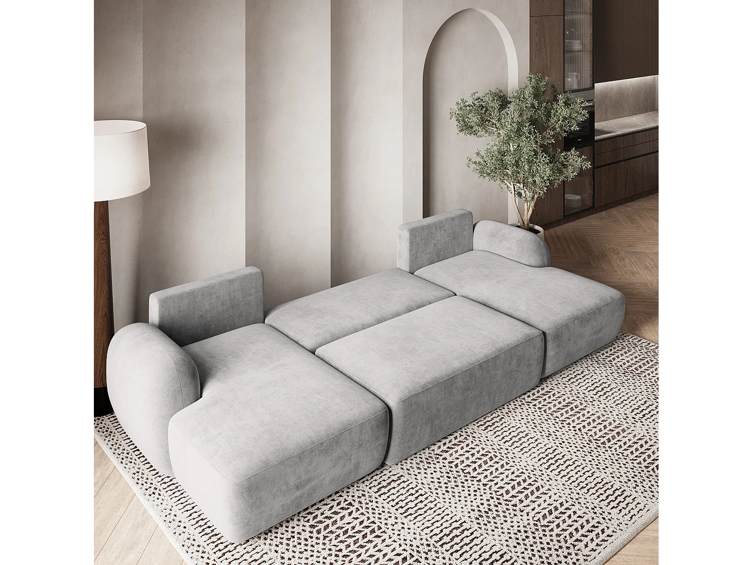 Canapé d'angle SAVONA Gris clair en peluche avec fonction de couchage