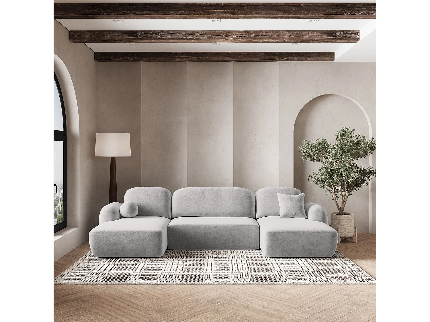 Canapé d'angle SAVONA Gris clair en peluche avec fonction de couchage