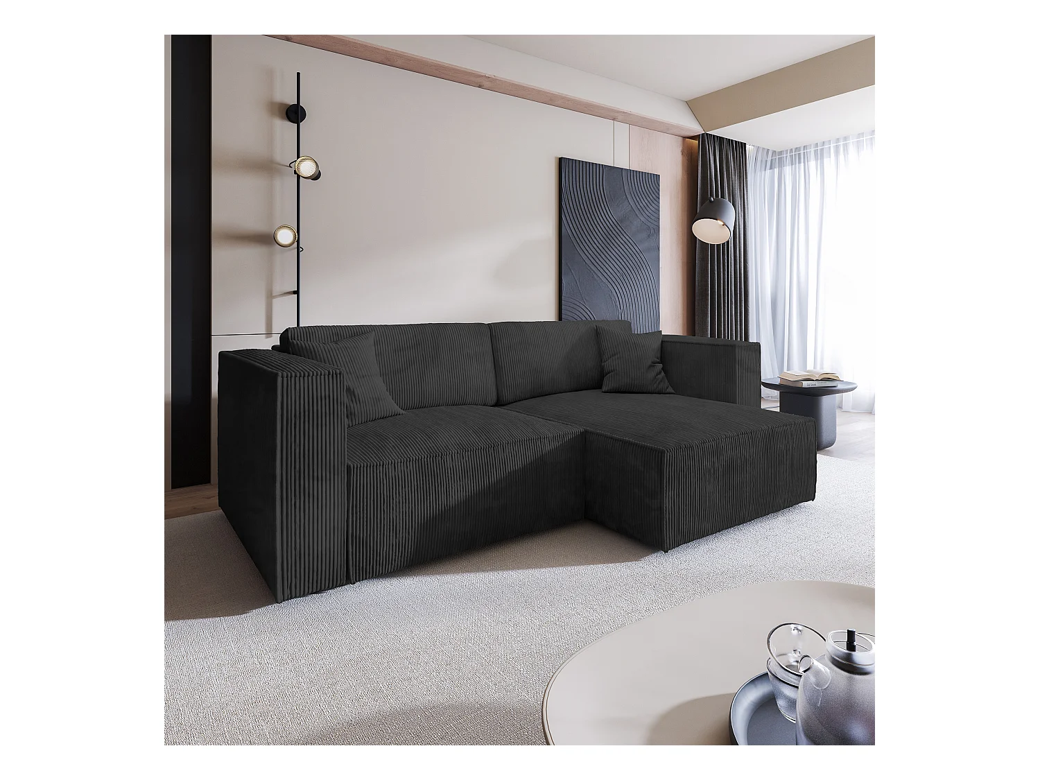 Canapé d'angle NERIO Noir en velours côtelé avec fonction de couchage