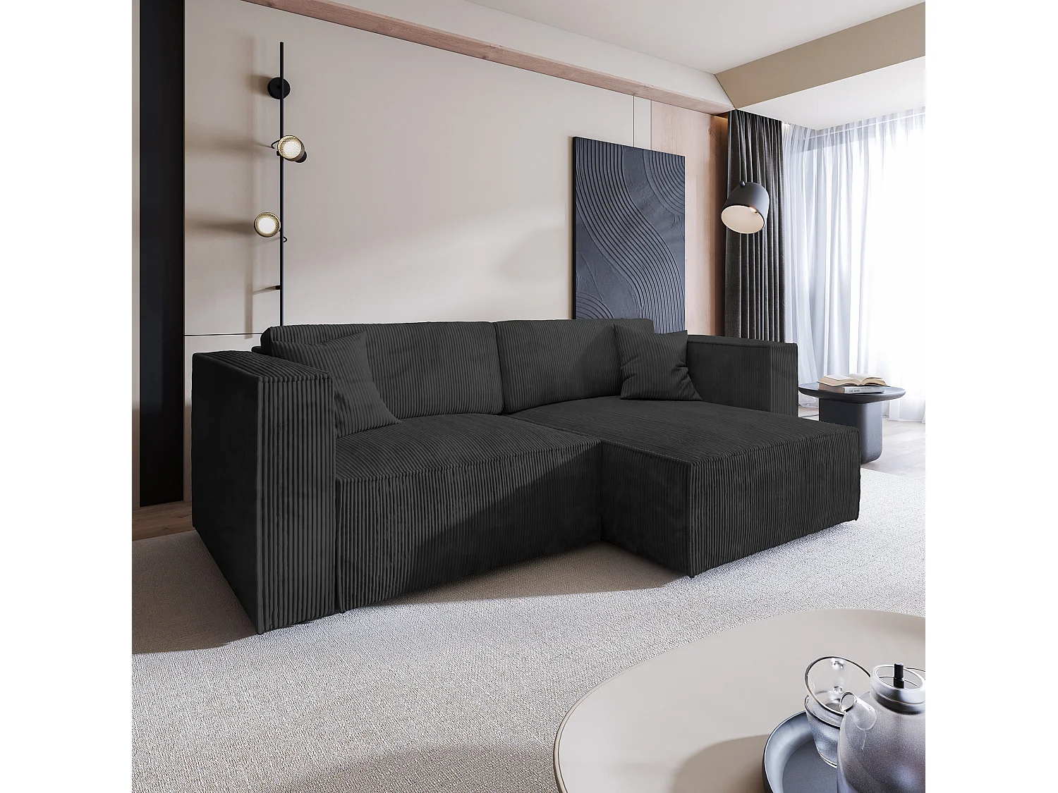 Canapé d'angle NERIO Noir en velours côtelé avec fonction de couchage