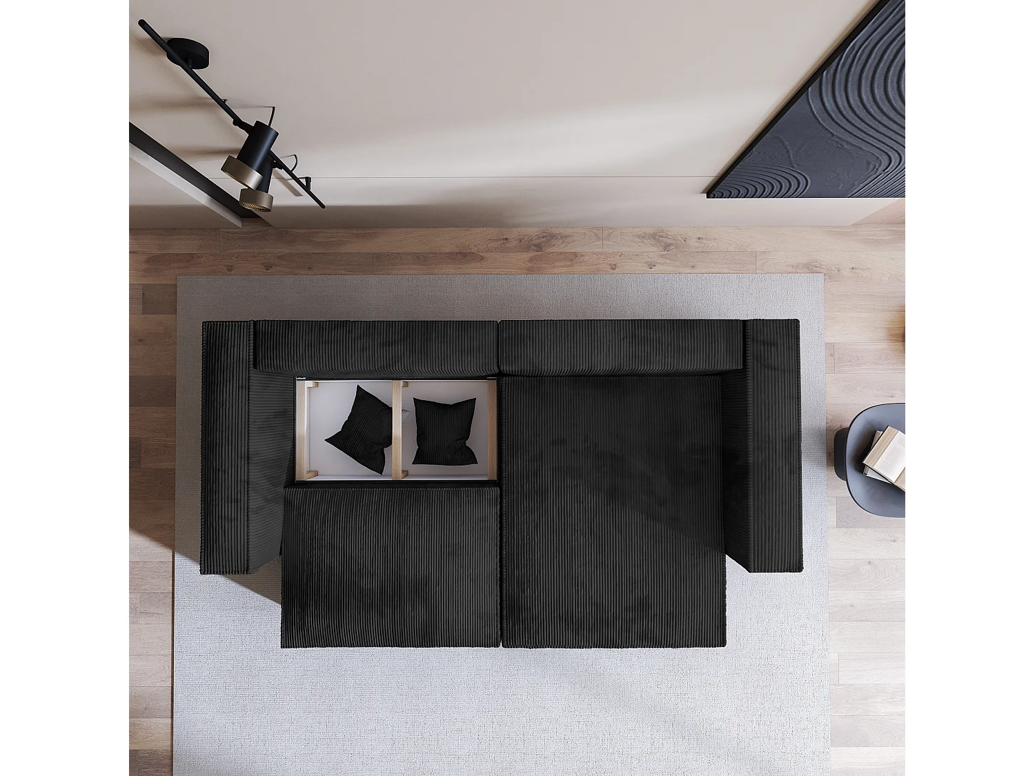 Canapé d'angle NERIO Noir en velours côtelé avec fonction de couchage