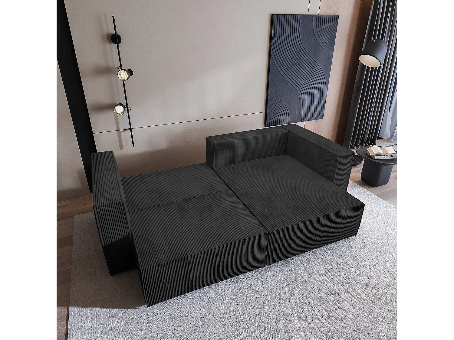 Canapé d'angle NERIO Noir en velours côtelé avec fonction de couchage