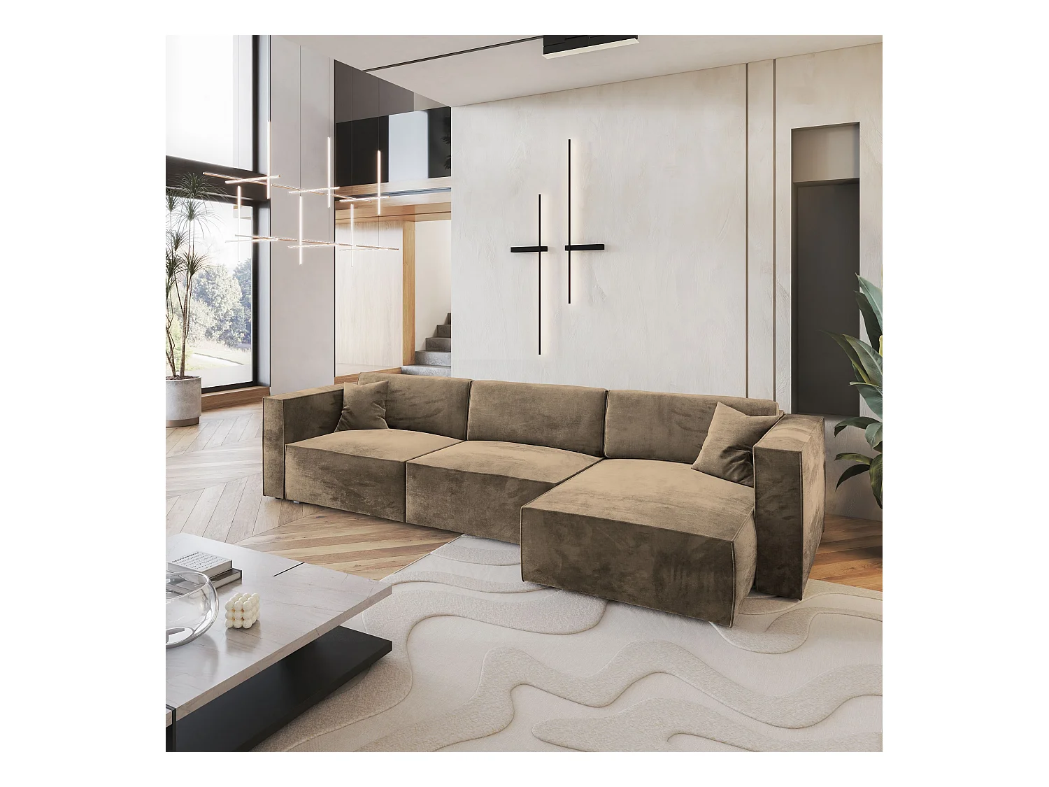 Canapé d'angle TOLMO Beige en velours avec fonction de couchage