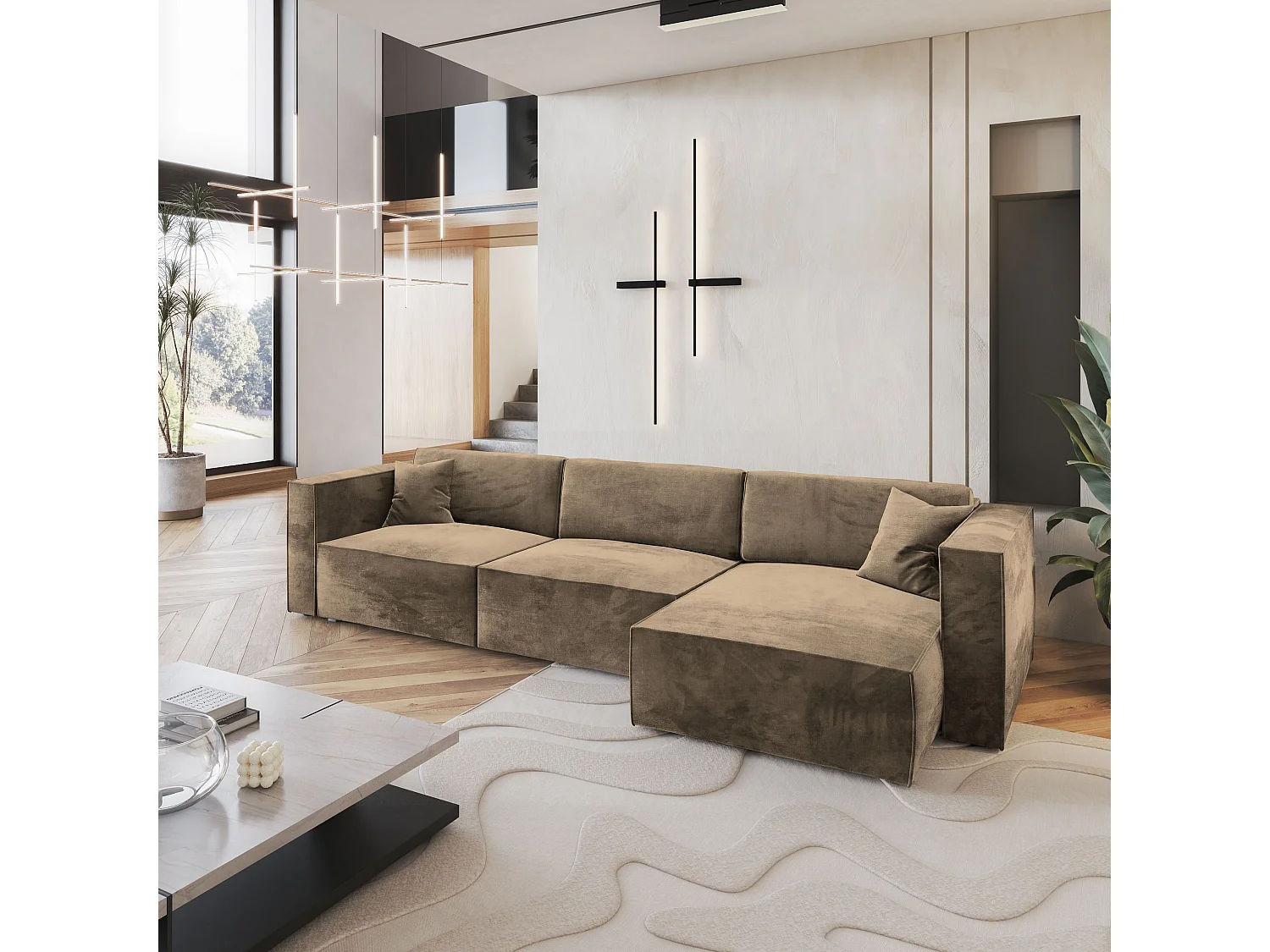 Canapé d'angle TOLMO Beige en velours avec fonction de couchage