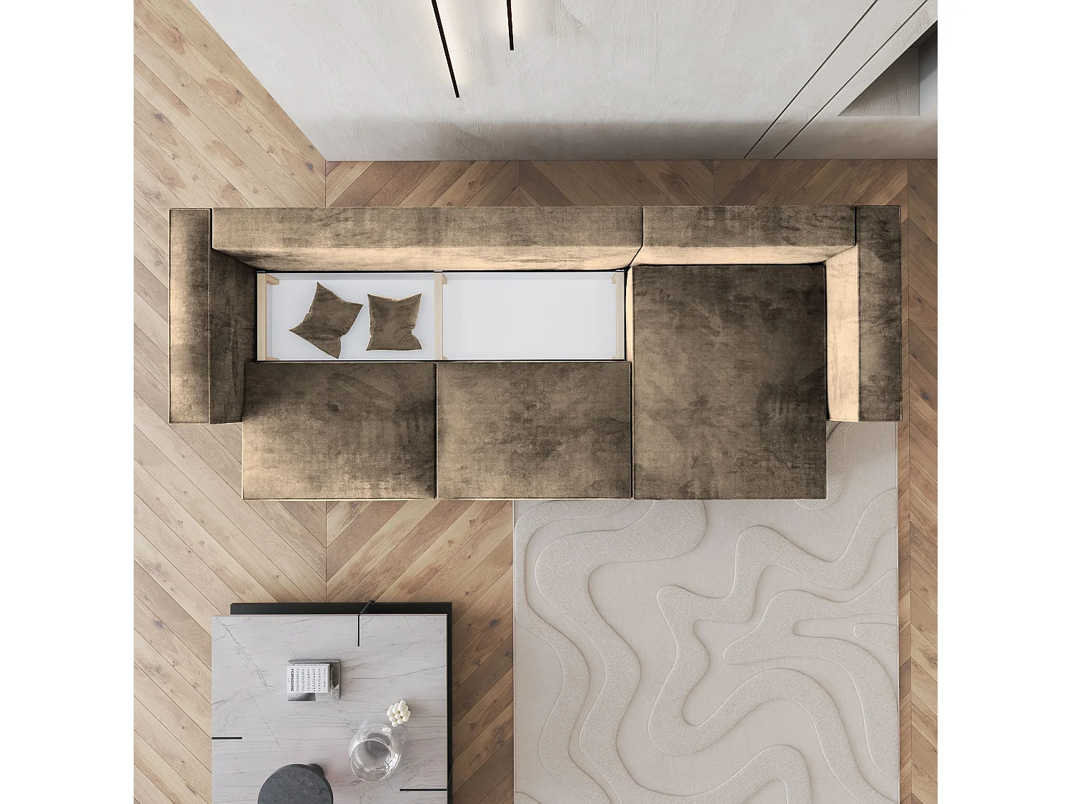 Canapé d'angle TOLMO Beige en velours avec fonction de couchage