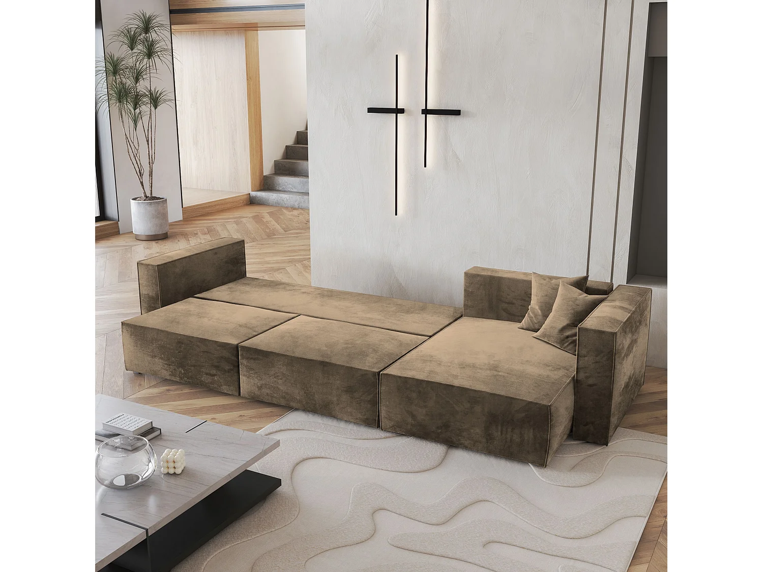 Canapé d'angle TOLMO Beige en velours avec fonction de couchage