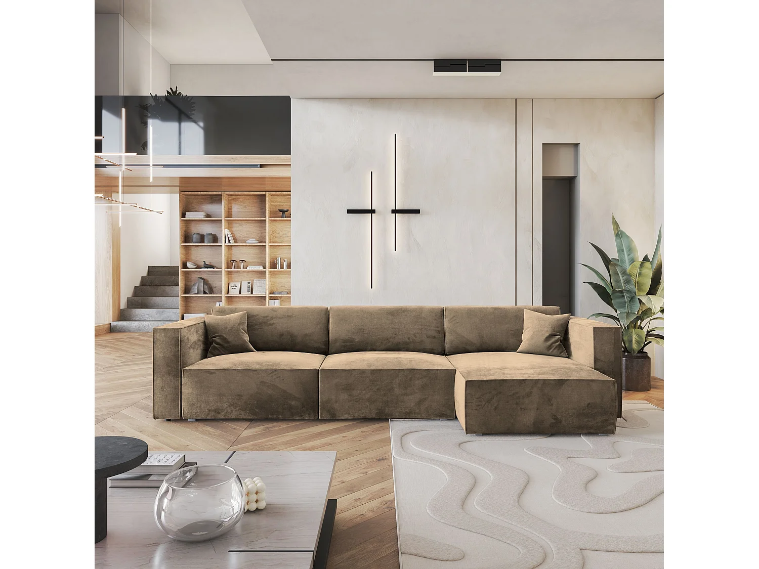 Canapé d'angle TOLMO Beige en velours avec fonction de couchage