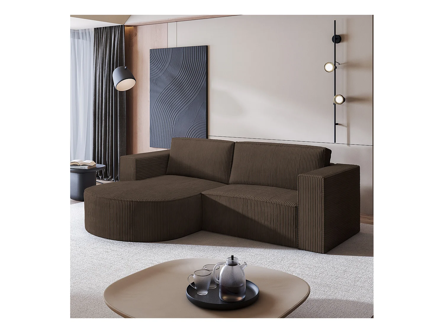 Canapé d'angle SORELA Marron en velours côtelé avec fonction de couchage